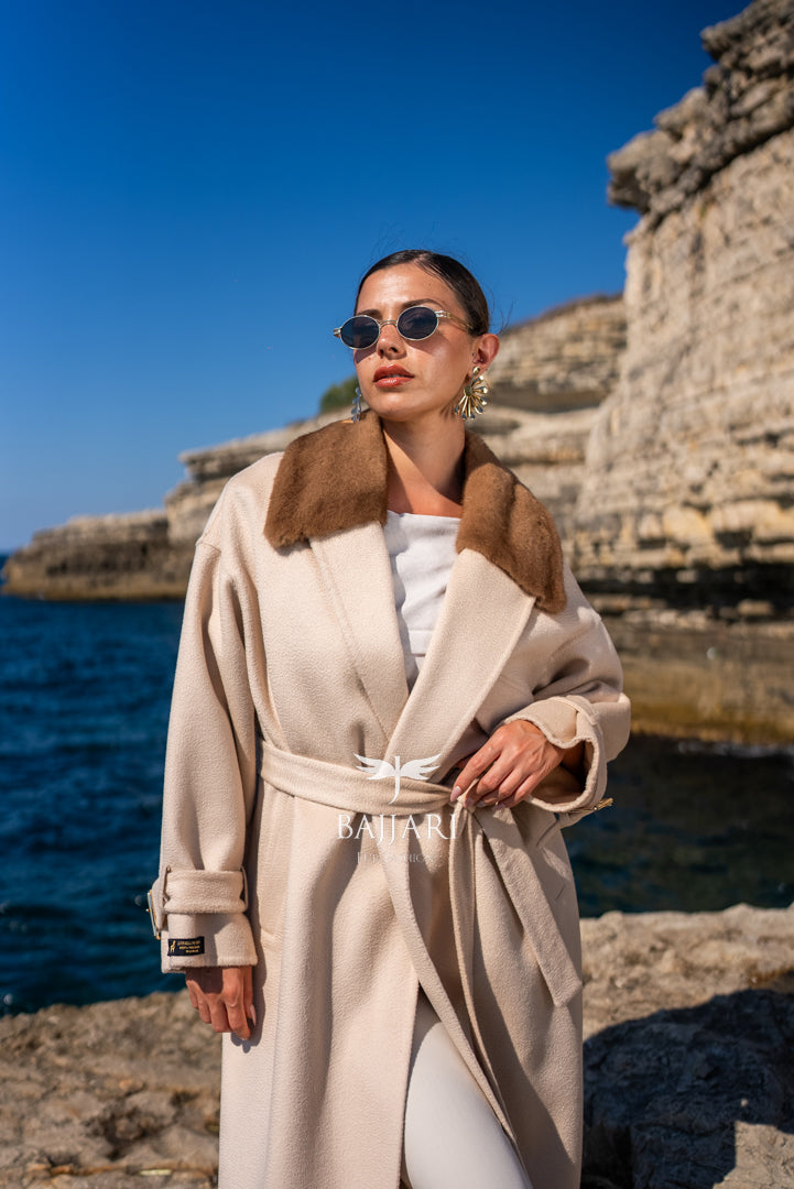 Elegant Alpaca Fabric Design with Mink Fur and Belt Details -9406-