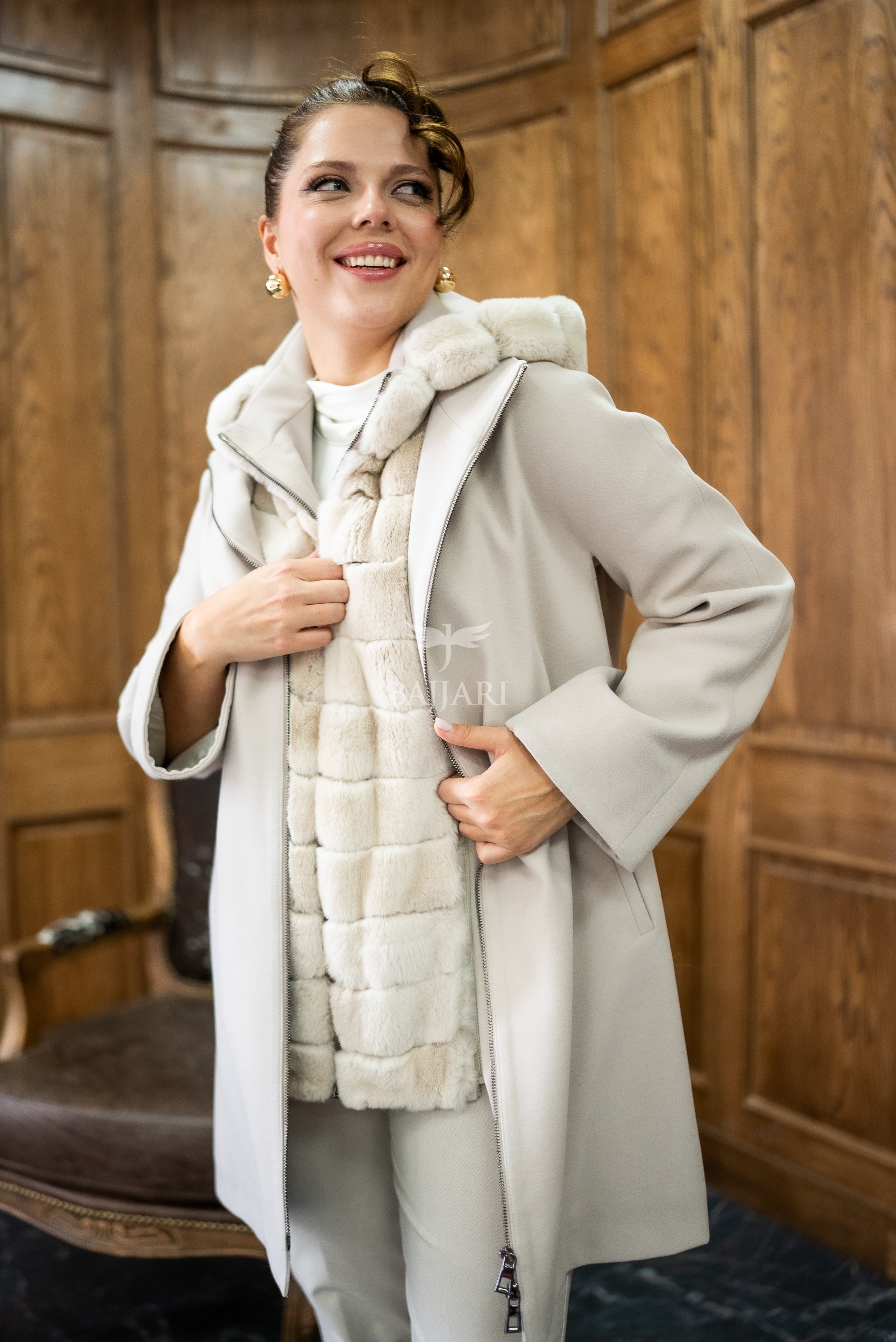 Exclusive Design Coat with Cashmere Fabric and Full Rabbit Fur Hood -1362-