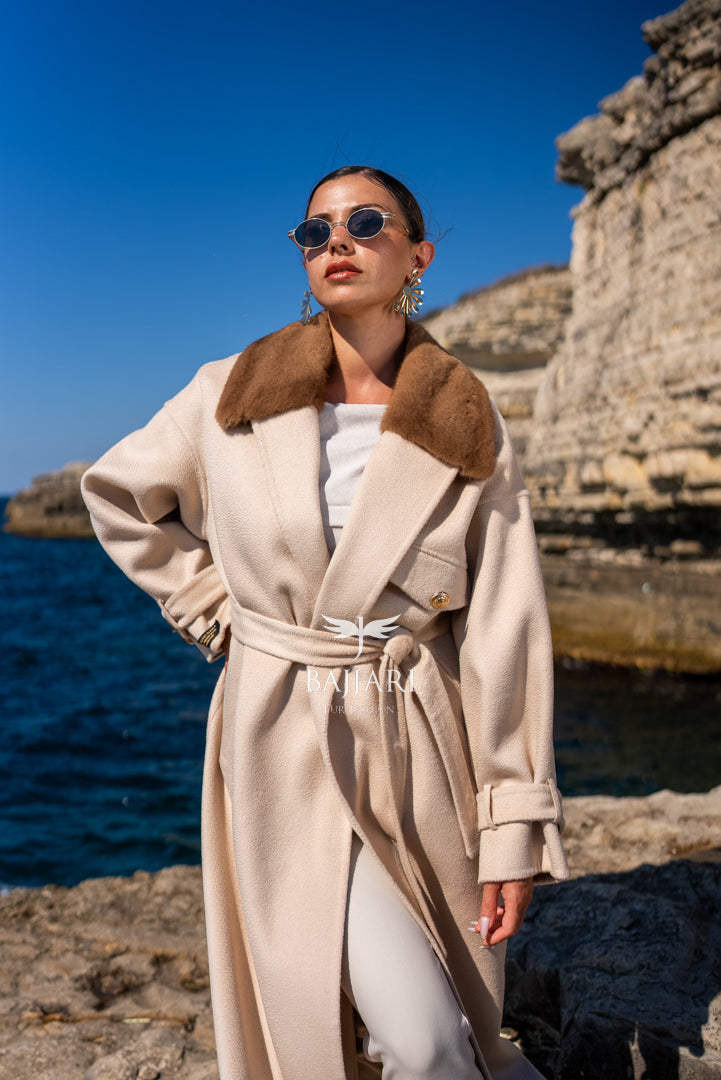 Elegant Alpaca Fabric Design with Mink Fur and Belt Details -9406-