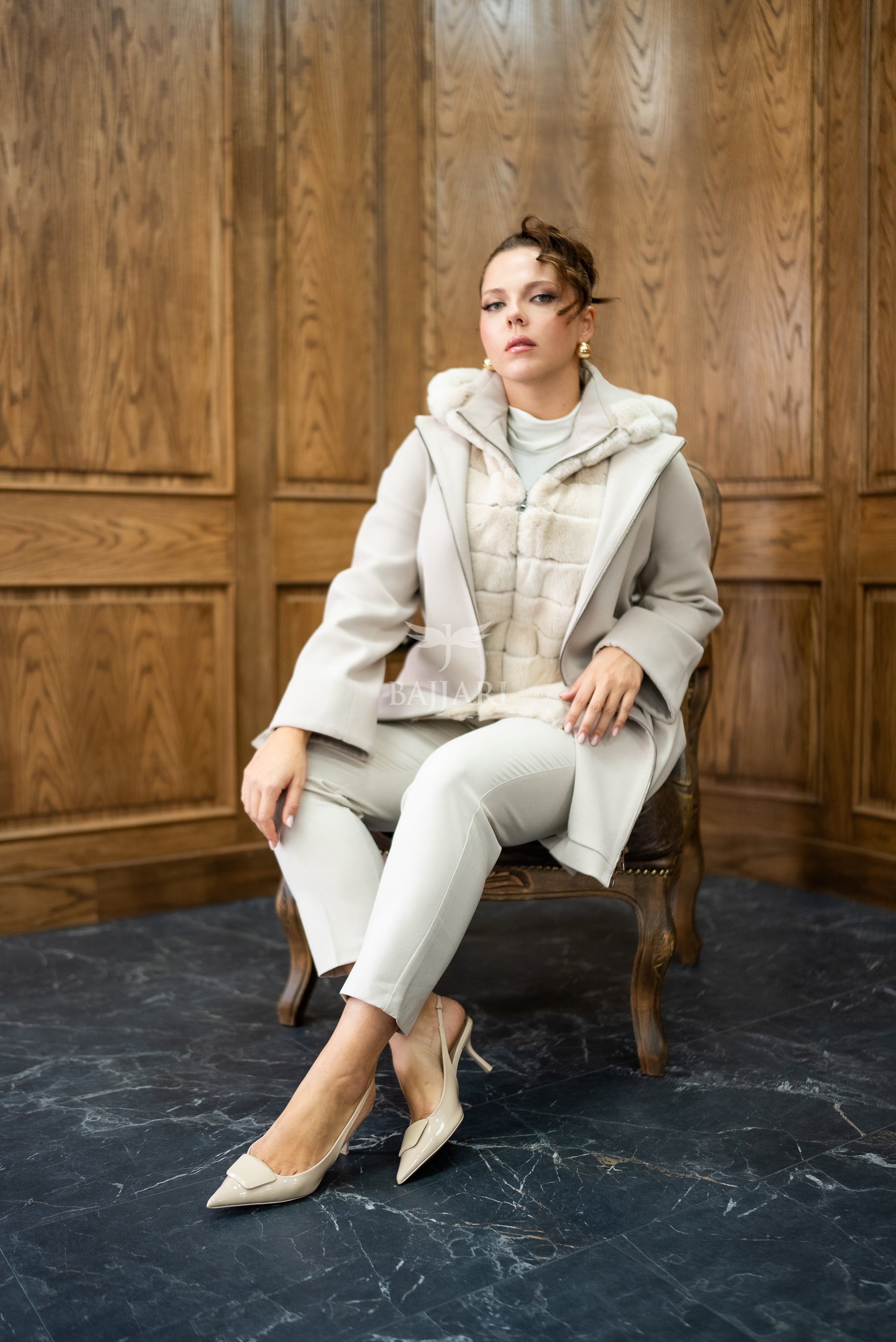 Exclusive Design Coat with Cashmere Fabric and Full Rabbit Fur Hood -1362-