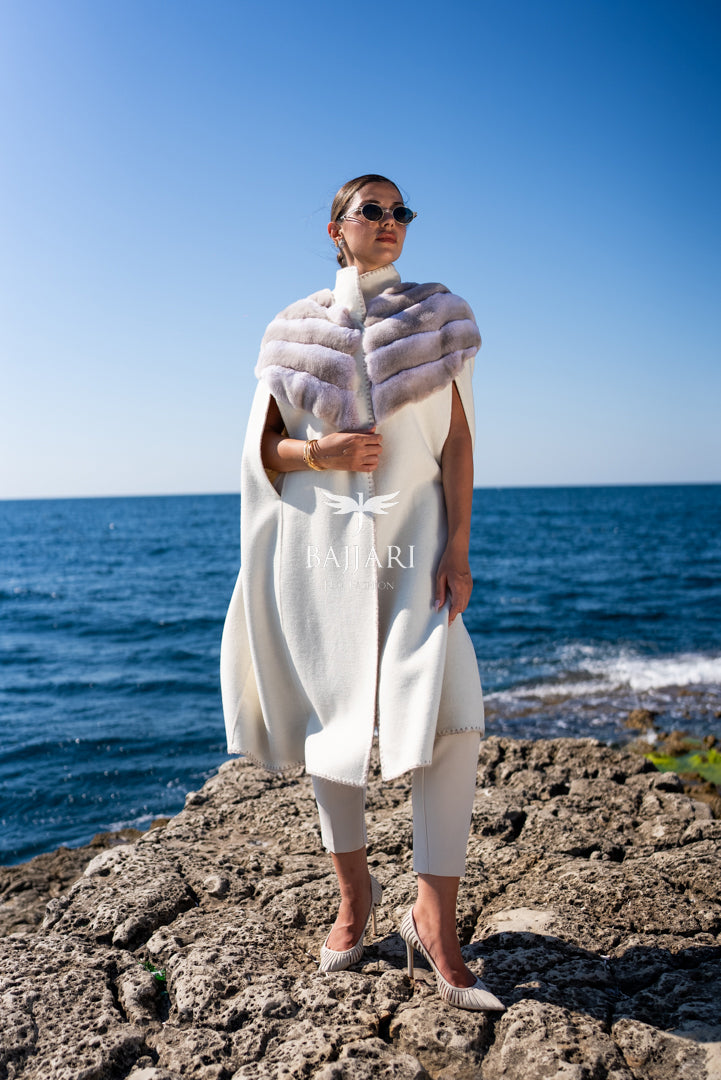Specially Embroidered, Rabbit Fur Alpaca Fabric Cape Vest -9484-