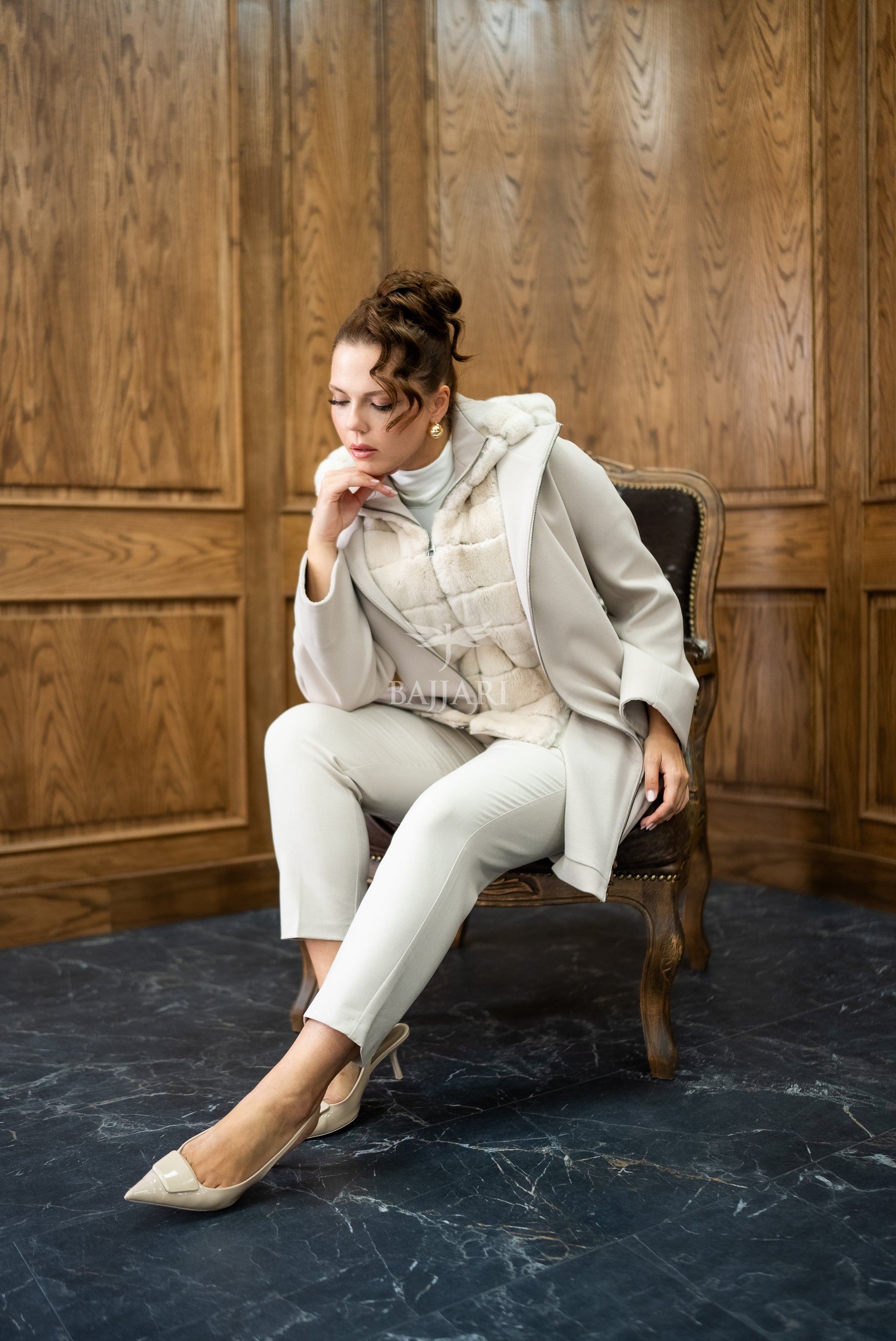 Exclusive Design Coat with Cashmere Fabric and Full Rabbit Fur Hood -1362-