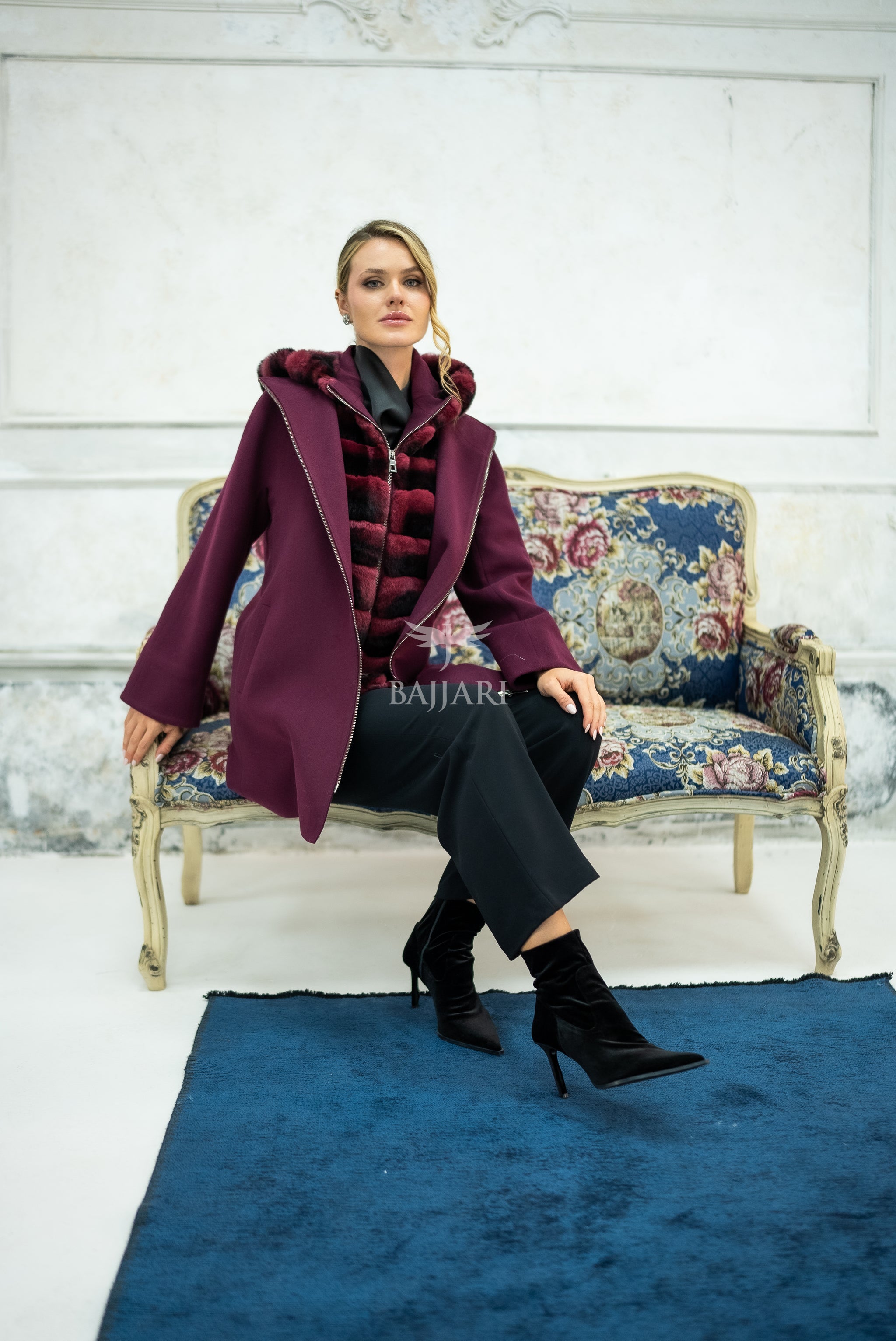 Exclusive Design Coat with Cashmere Fabric and Full Rabbit Fur Hood -1362-