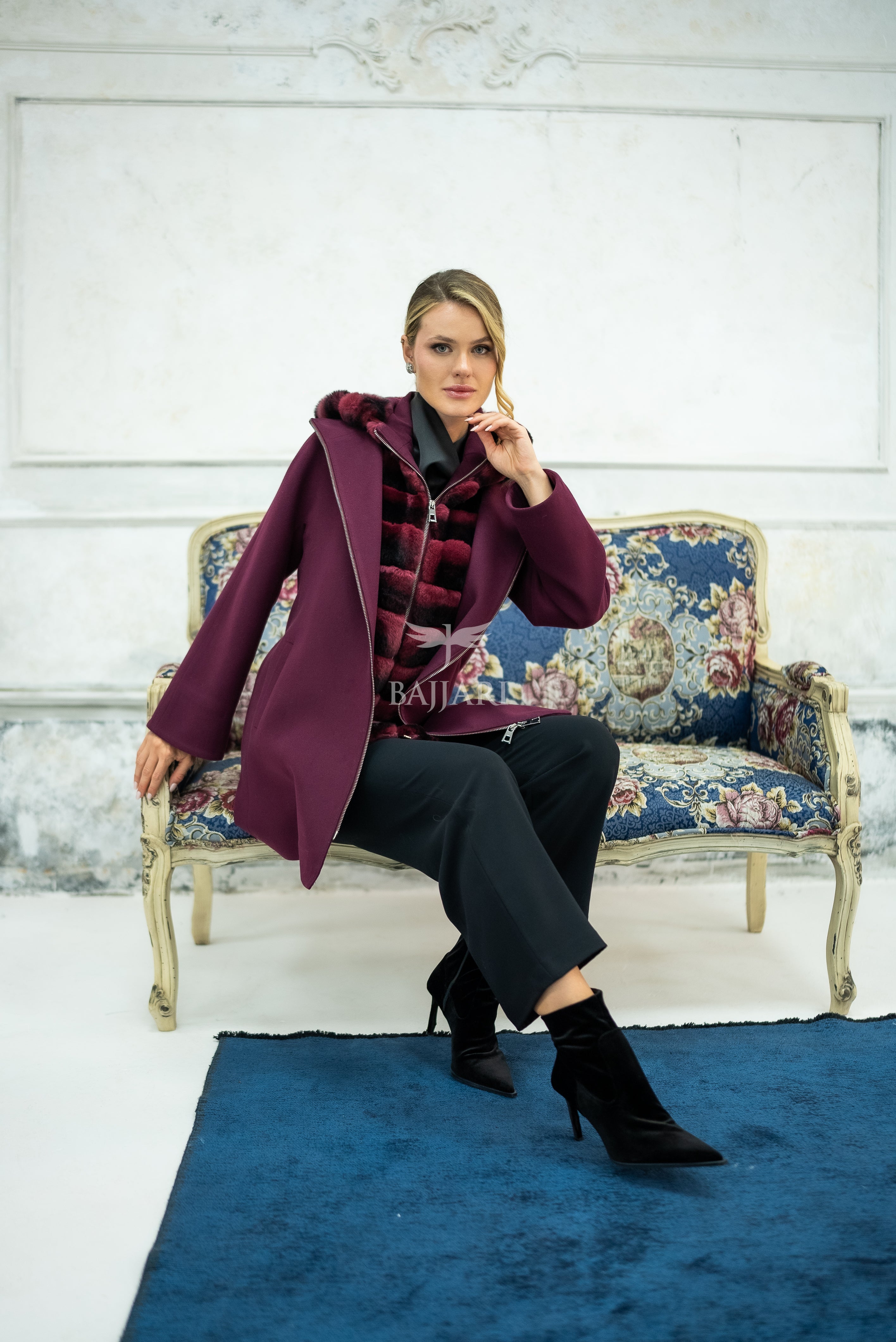 Exclusive Design Coat with Cashmere Fabric and Full Rabbit Fur Hood -1362-