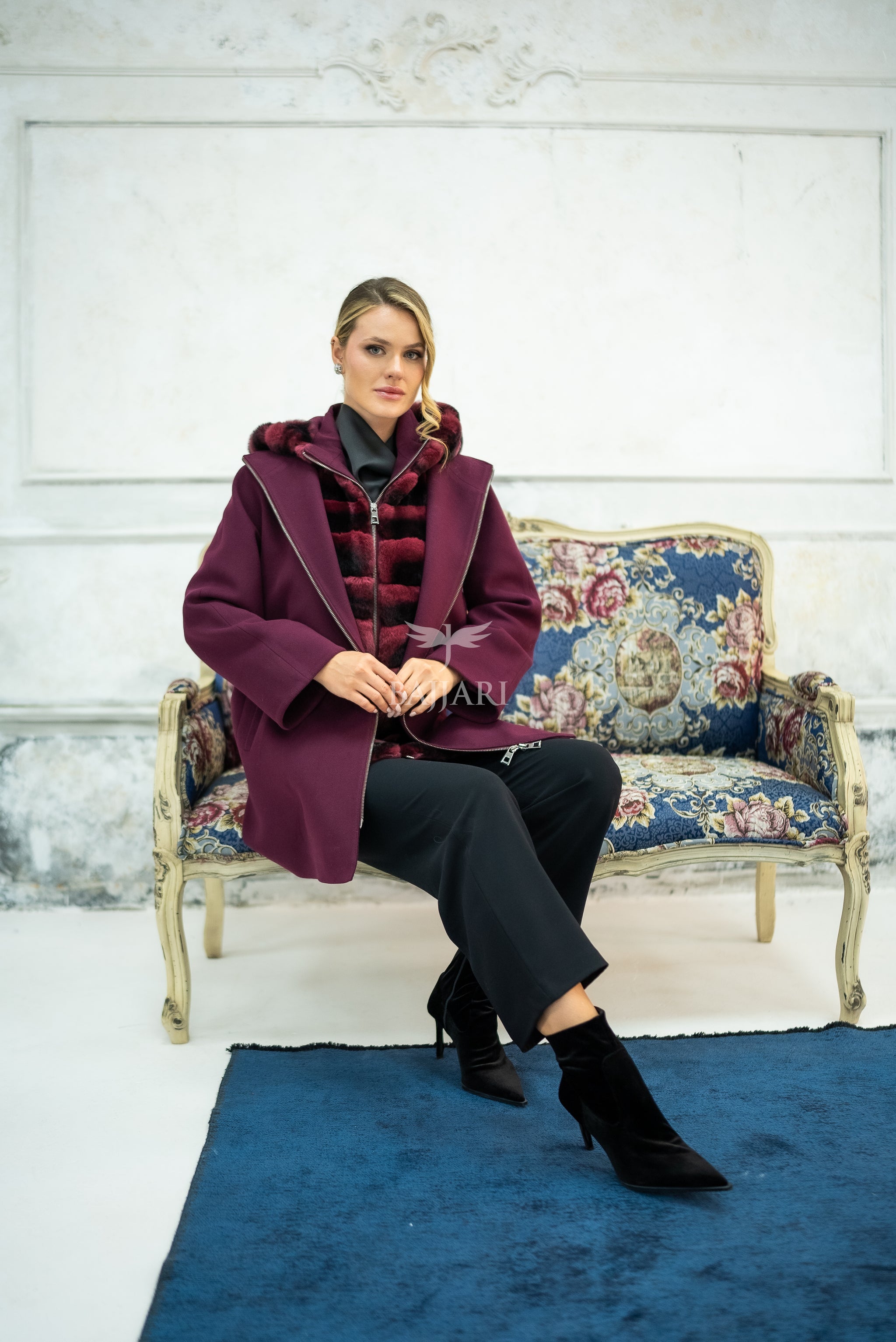 Exclusive Design Coat with Cashmere Fabric and Full Rabbit Fur Hood -1362-