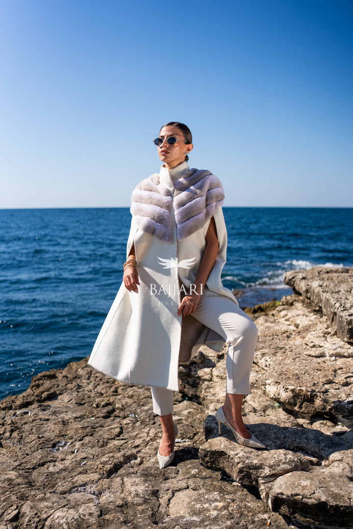 Specially Embroidered, Rabbit Fur Alpaca Fabric Cape Vest -9484-