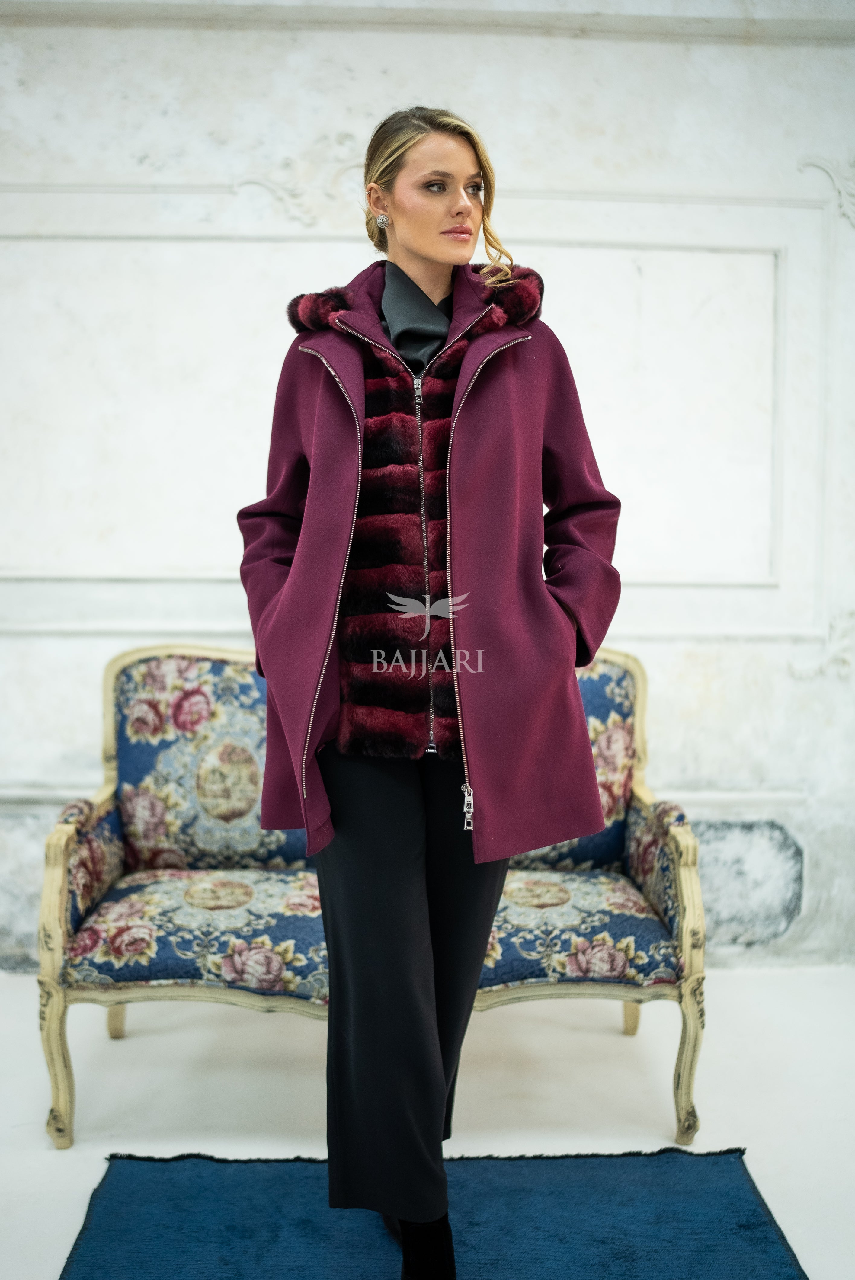 Exclusive Design Coat with Cashmere Fabric and Full Rabbit Fur Hood -1362-