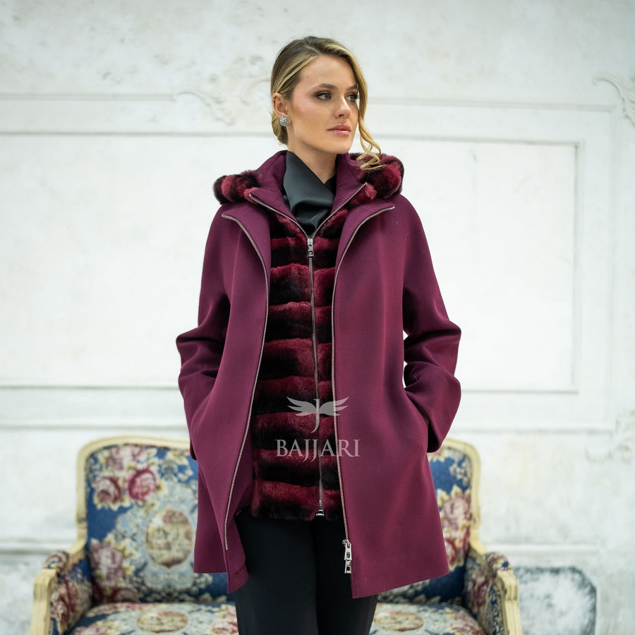 Exclusive Design Coat with Cashmere Fabric and Full Rabbit Fur Hood -1362-