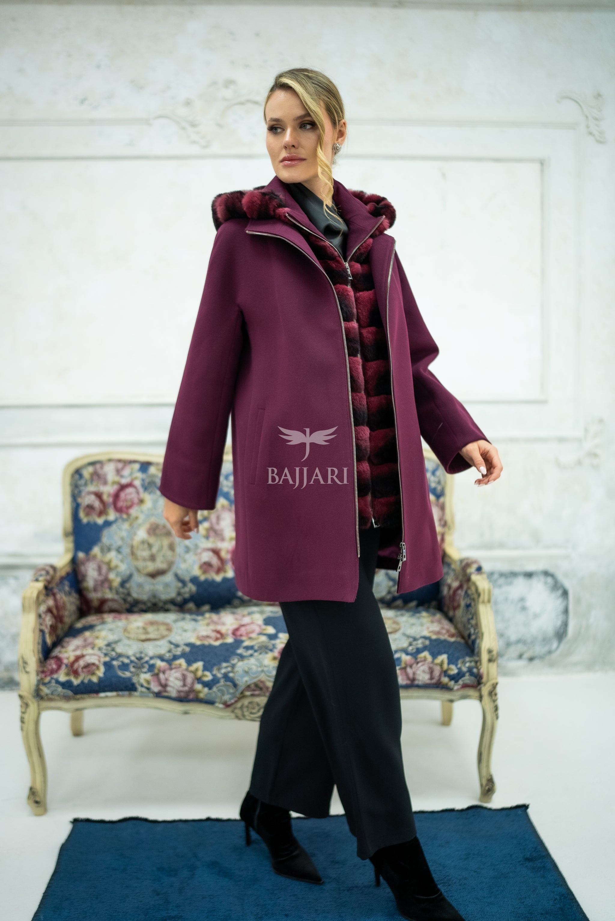 Exclusive Design Coat with Cashmere Fabric and Full Rabbit Fur Hood -1362-