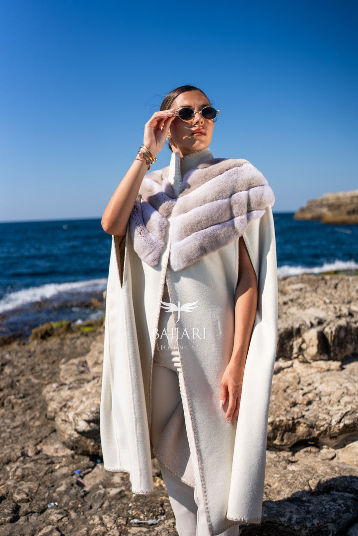 Specially Embroidered, Rabbit Fur Alpaca Fabric Cape Vest -9484-