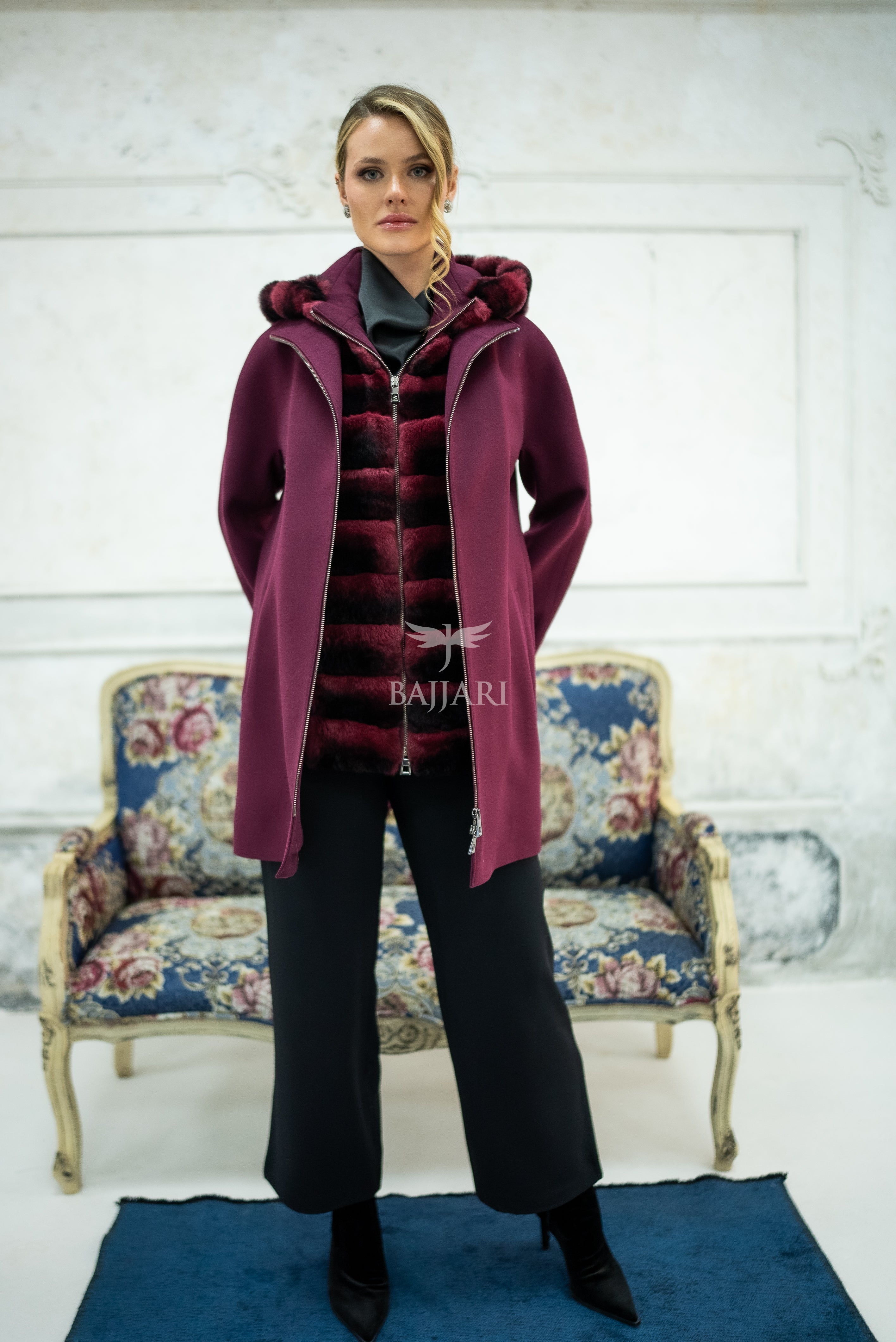 Exclusive Design Coat with Cashmere Fabric and Full Rabbit Fur Hood -1362-