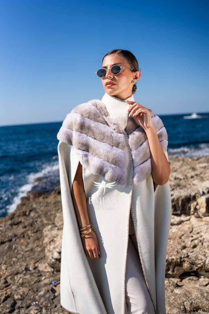 Specially Embroidered, Rabbit Fur Alpaca Fabric Cape Vest -9484-