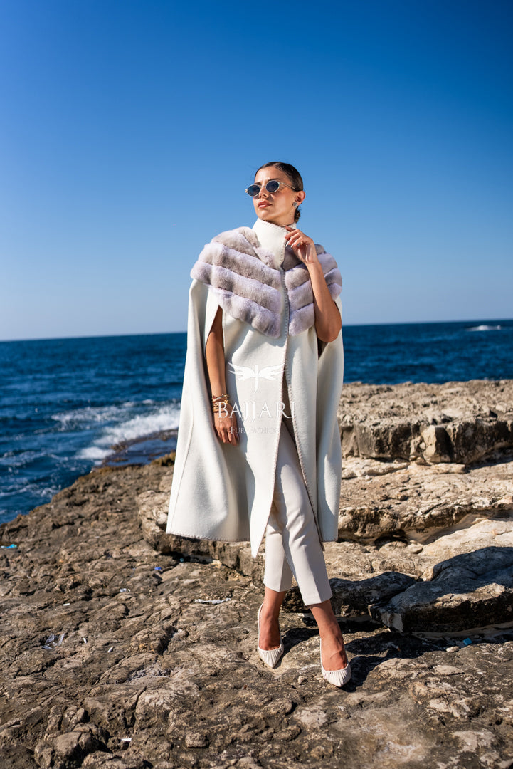 Specially Embroidered, Rabbit Fur Alpaca Fabric Cape Vest -9484-
