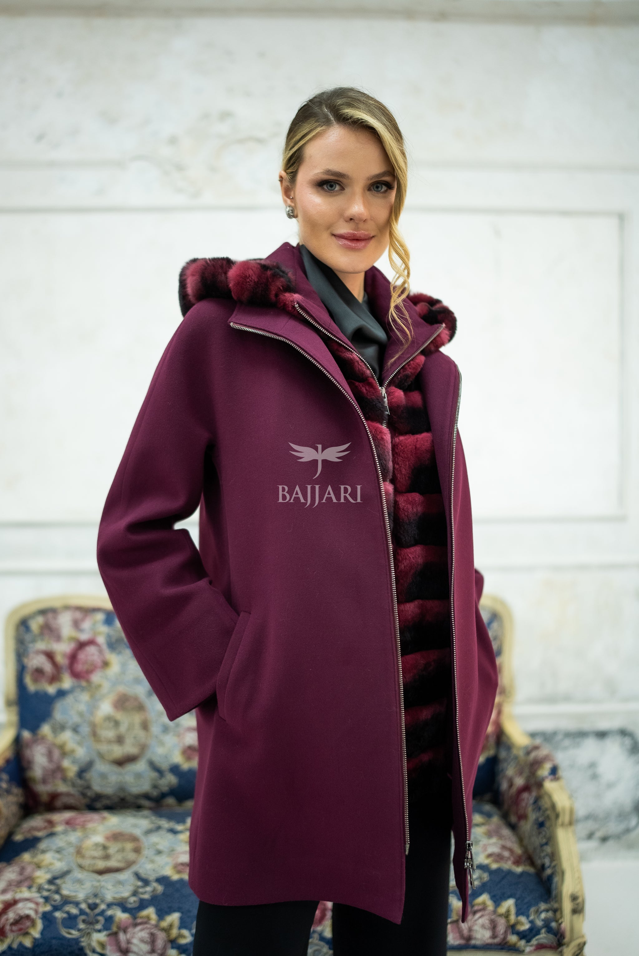 Exclusive Design Coat with Cashmere Fabric and Full Rabbit Fur Hood -1362-