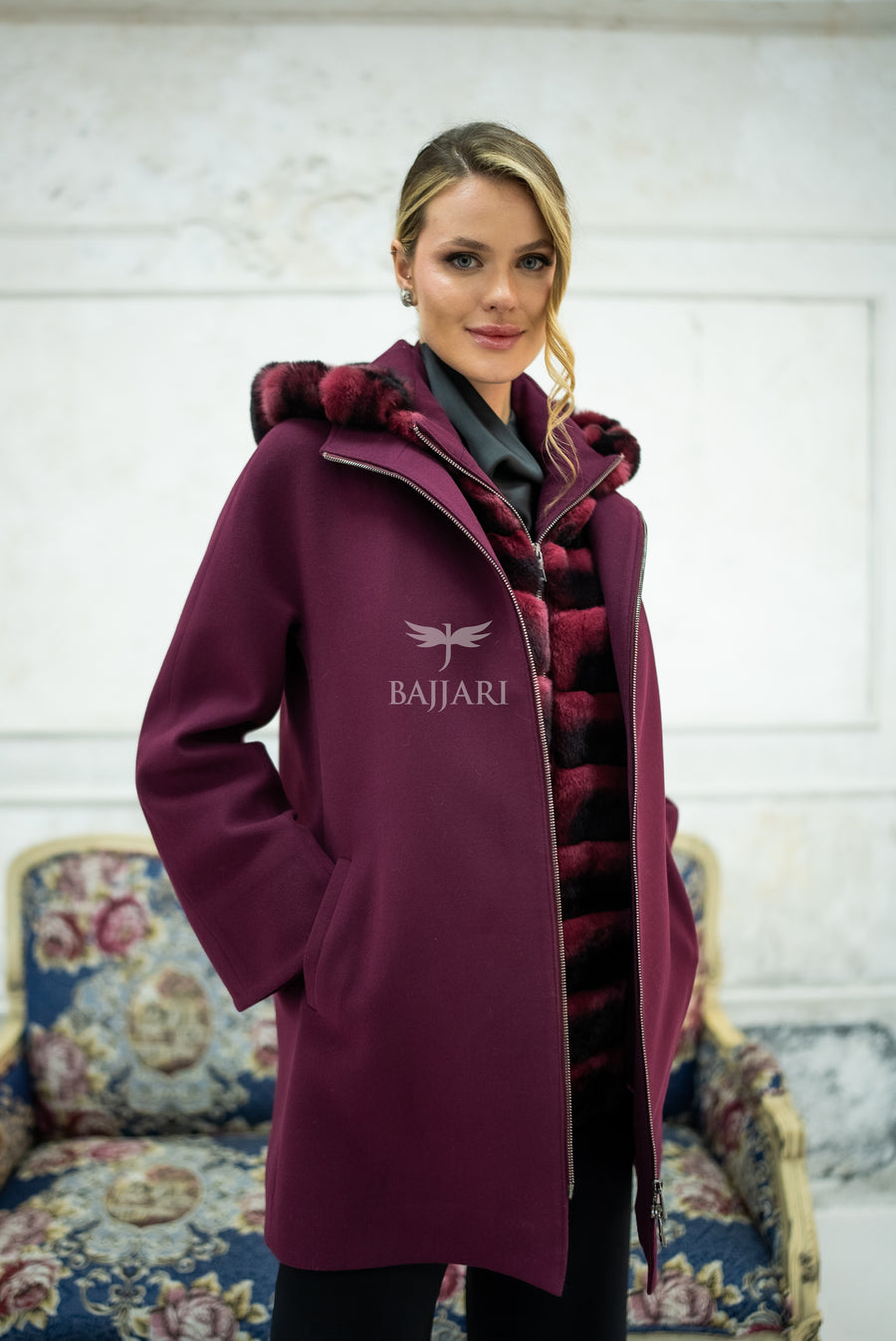 Exclusive Design Coat with Cashmere Fabric and Full Rabbit Fur Hood -1362-
