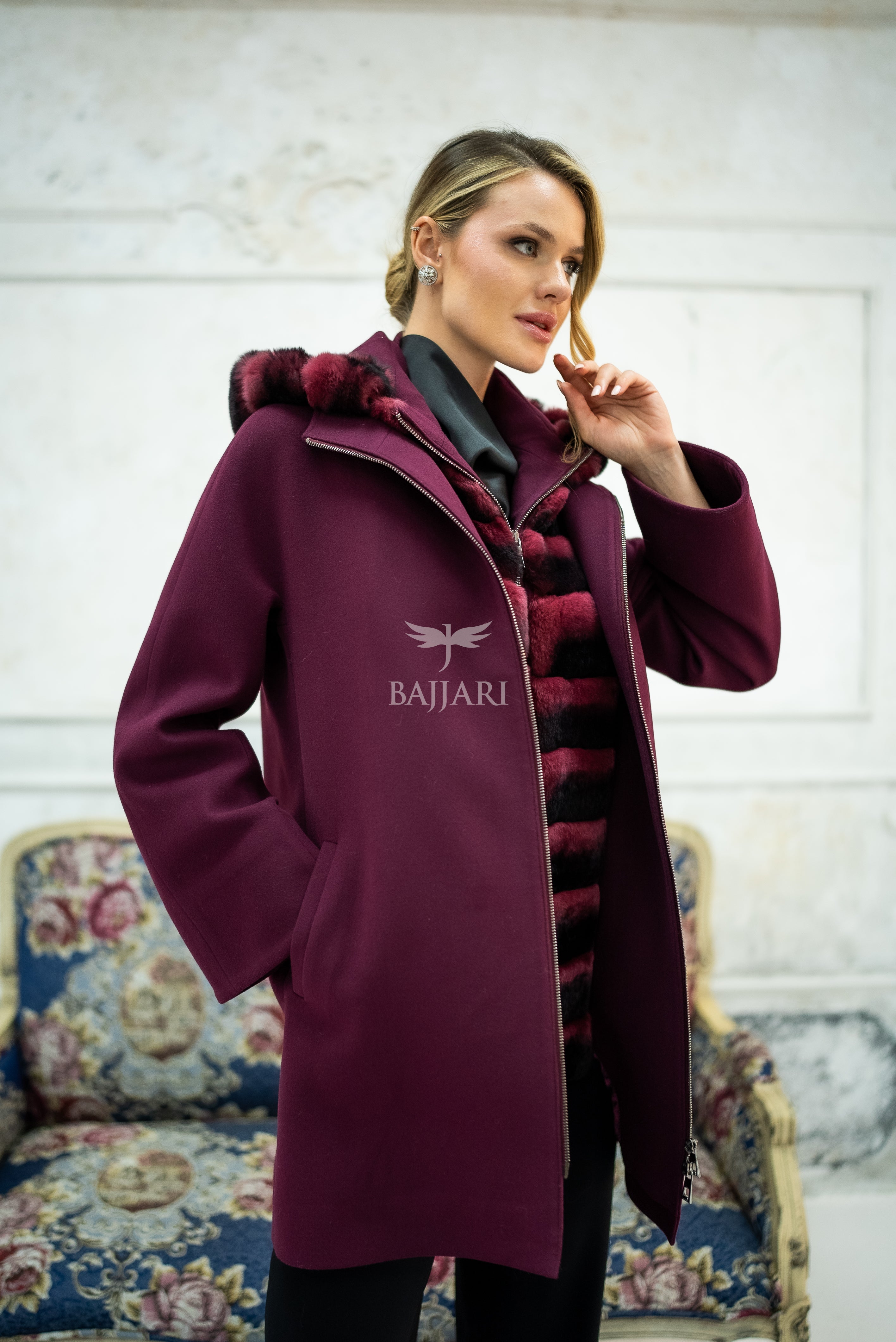 Exclusive Design Coat with Cashmere Fabric and Full Rabbit Fur Hood -1362-
