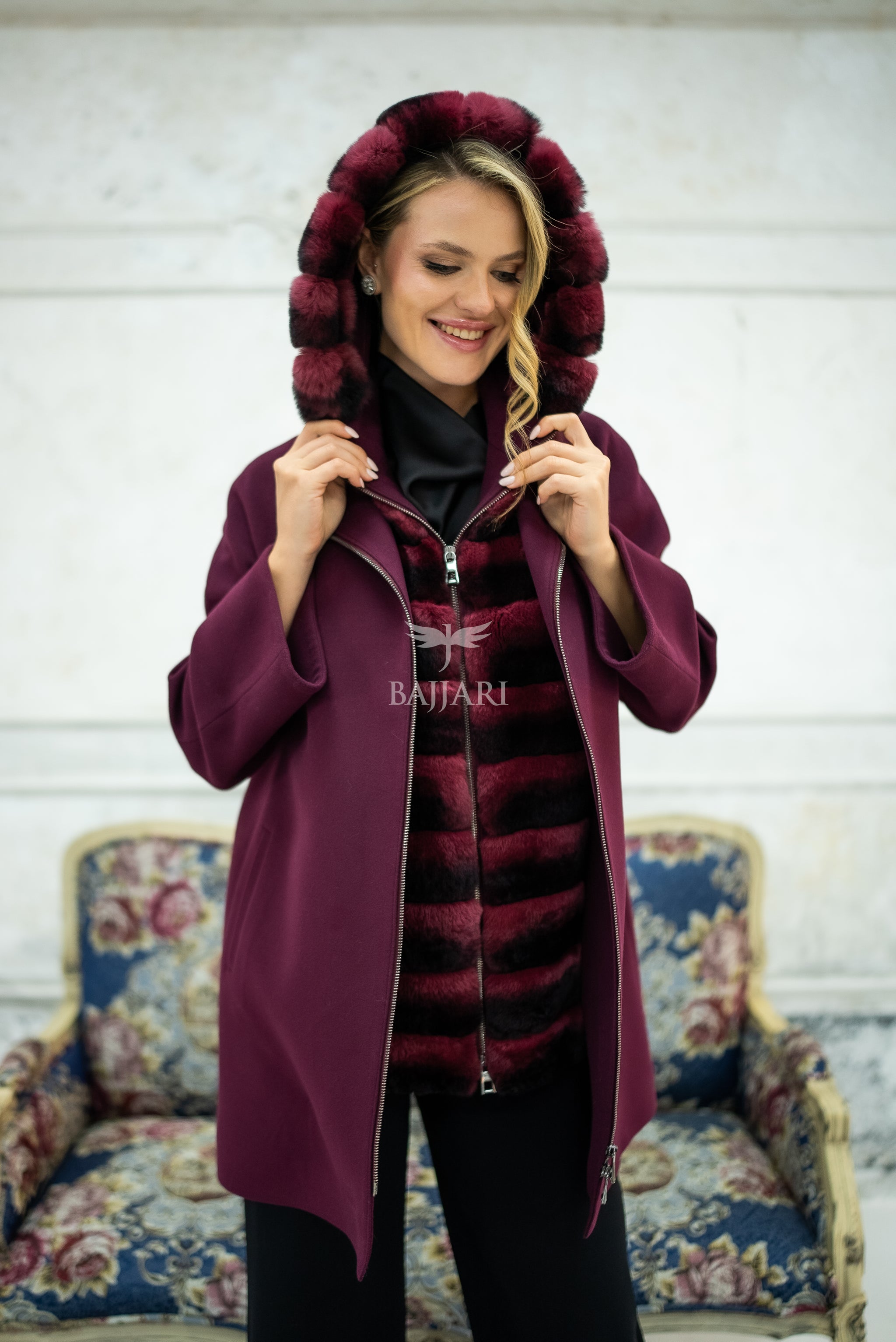 Exclusive Design Coat with Cashmere Fabric and Full Rabbit Fur Hood -1362-