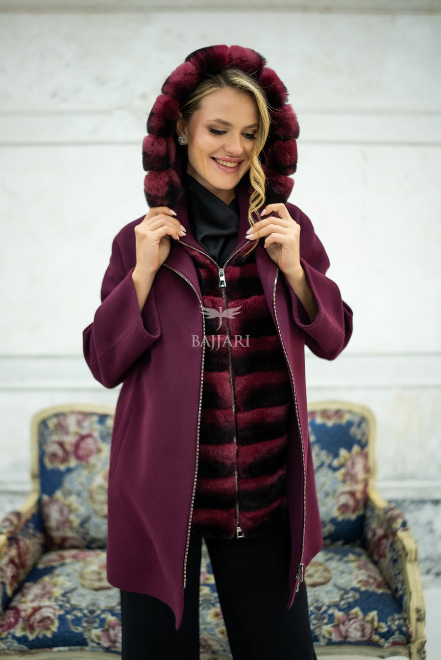Exclusive Design Coat with Cashmere Fabric and Full Rabbit Fur Hood -1362-