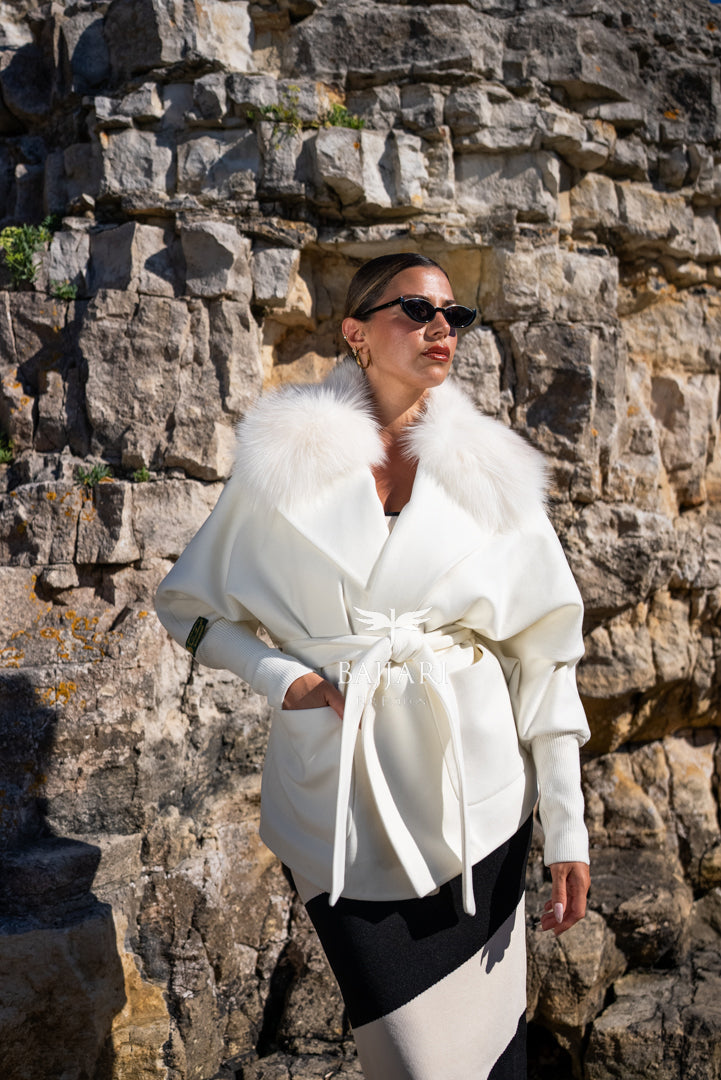 Women’s Coat with Cashmere Fabric, Fox Fur Collar, and Knitted Sleeves -1319-