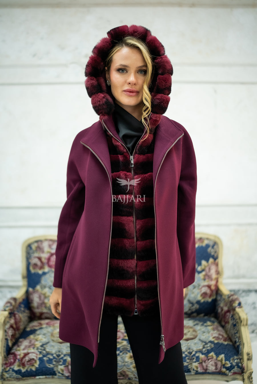 Exclusive Design Coat with Cashmere Fabric and Full Rabbit Fur Hood -1362-