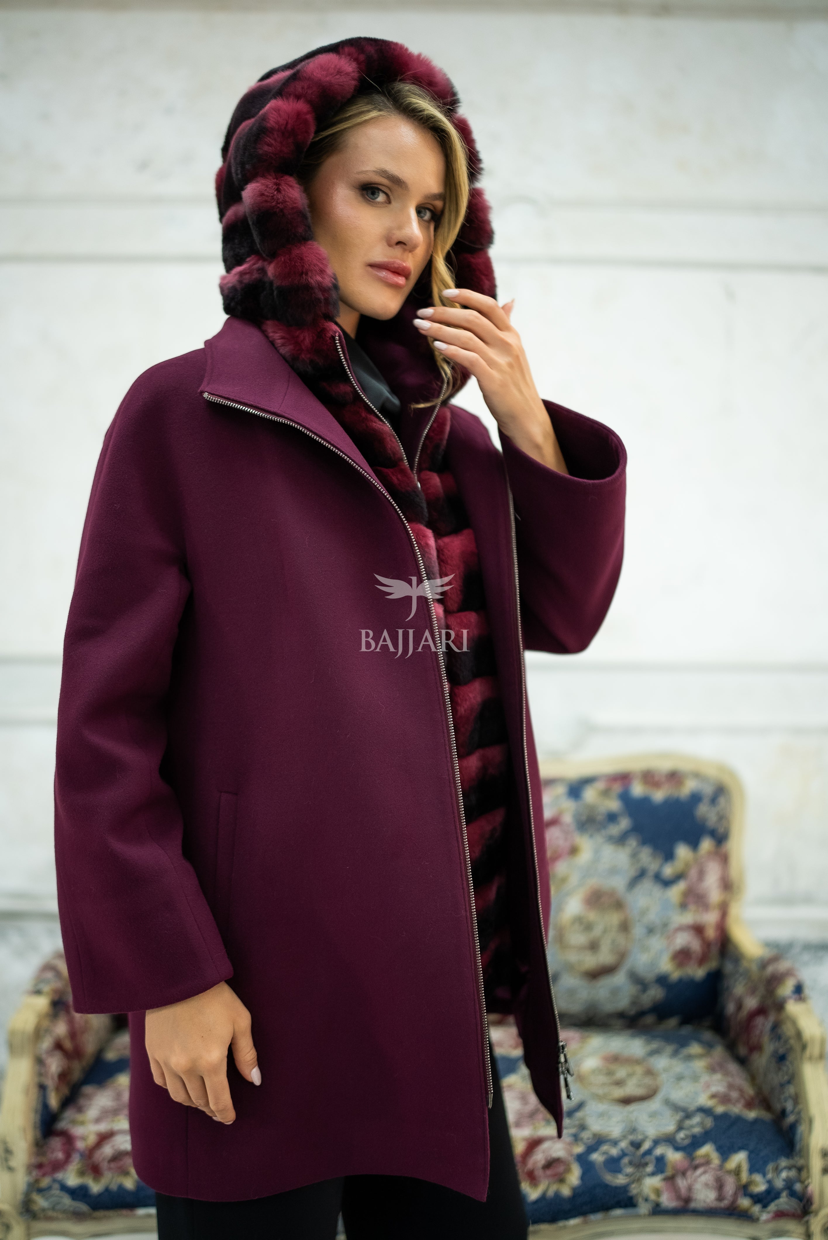 Exclusive Design Coat with Cashmere Fabric and Full Rabbit Fur Hood -1362-