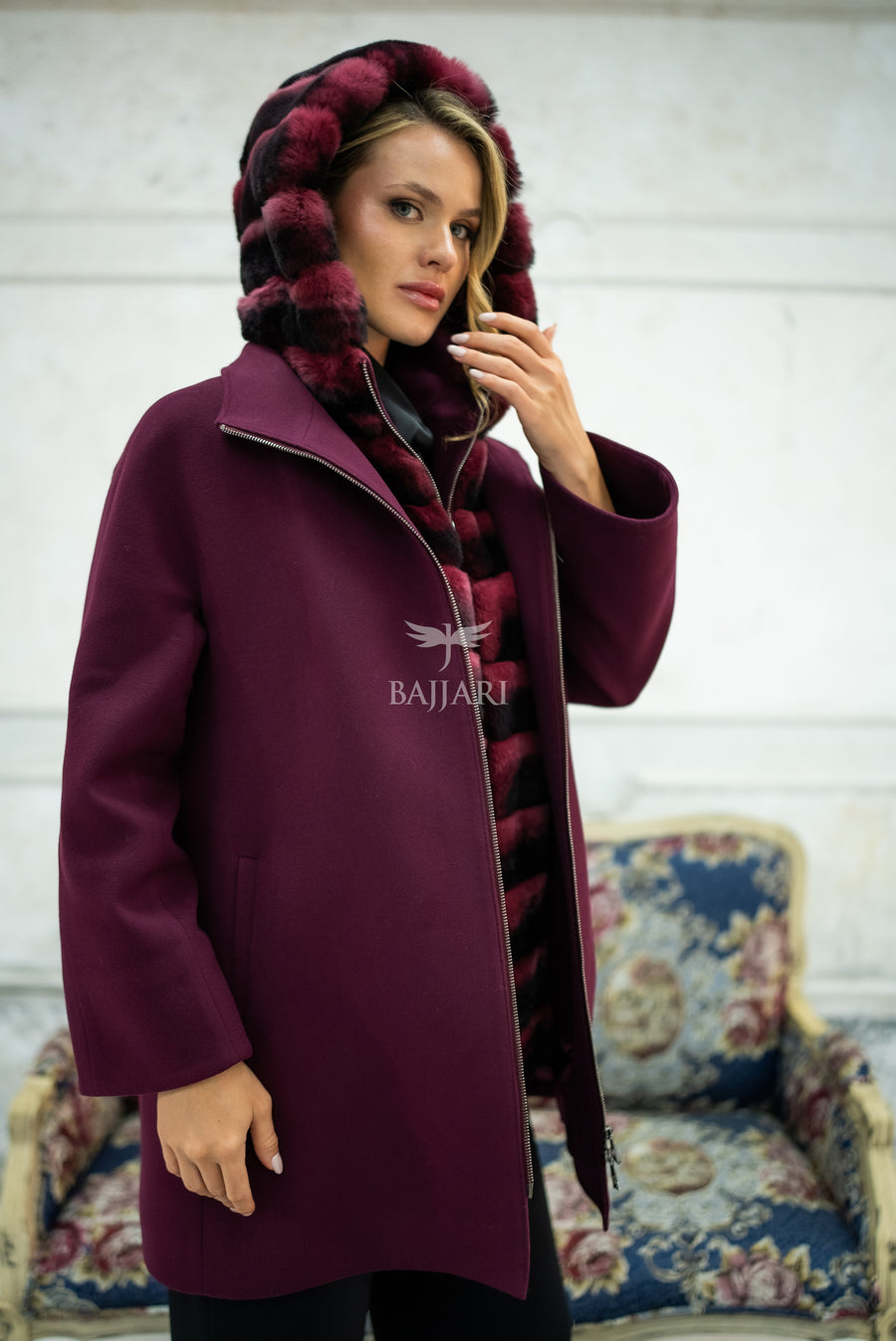 Exclusive Design Coat with Cashmere Fabric and Full Rabbit Fur Hood -1362-