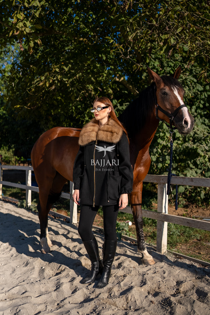 Short Jacket with Sable Fur Collar in Alpaca Wool -9441-