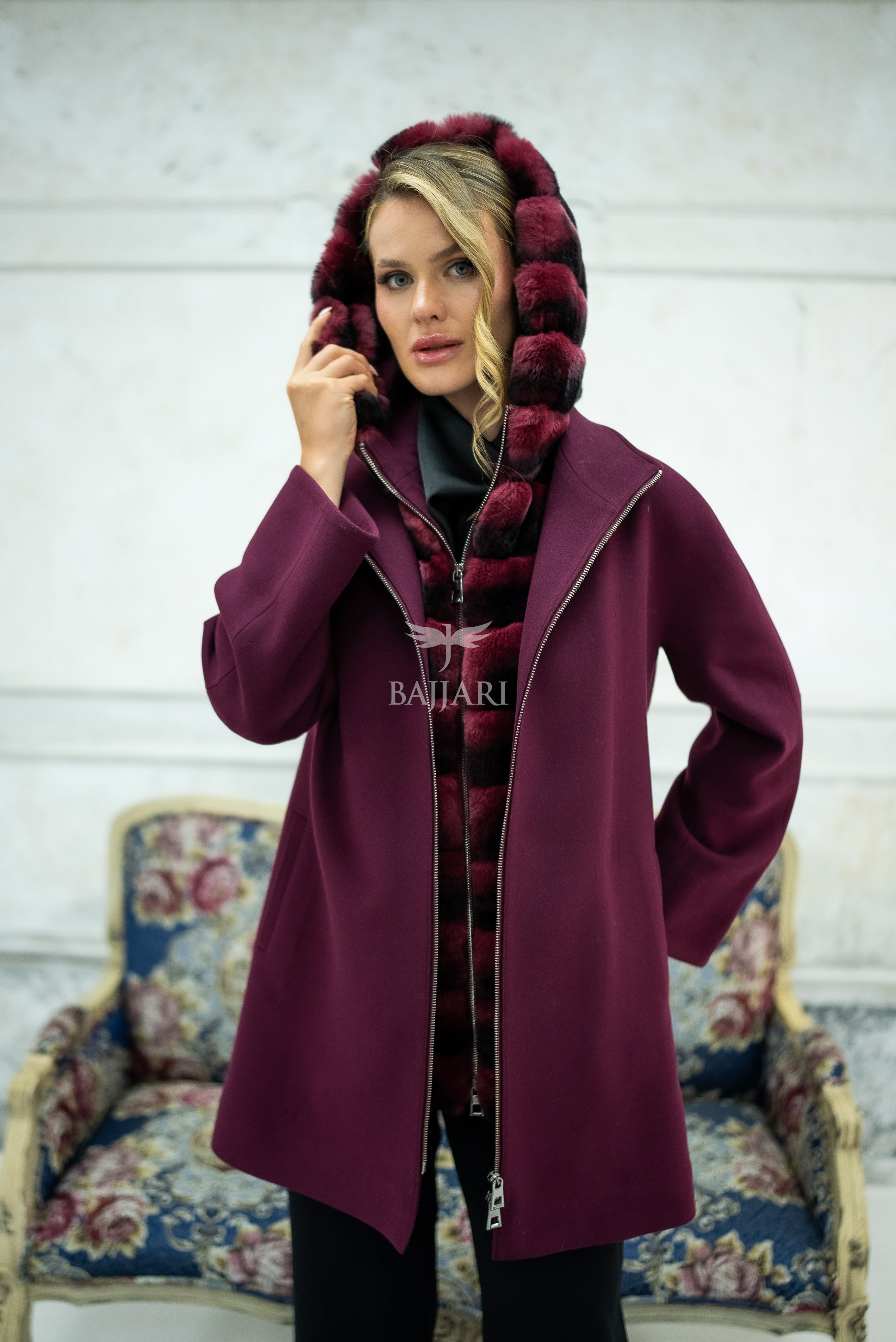 Exclusive Design Coat with Cashmere Fabric and Full Rabbit Fur Hood -1362-
