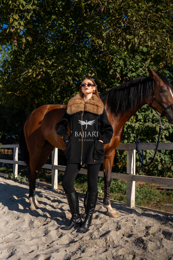 Short Jacket with Sable Fur Collar in Alpaca Wool -9441-