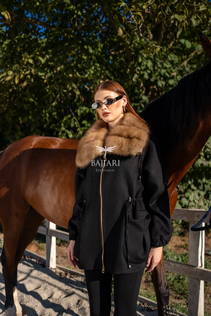 Short Jacket with Sable Fur Collar in Alpaca Wool -9441-