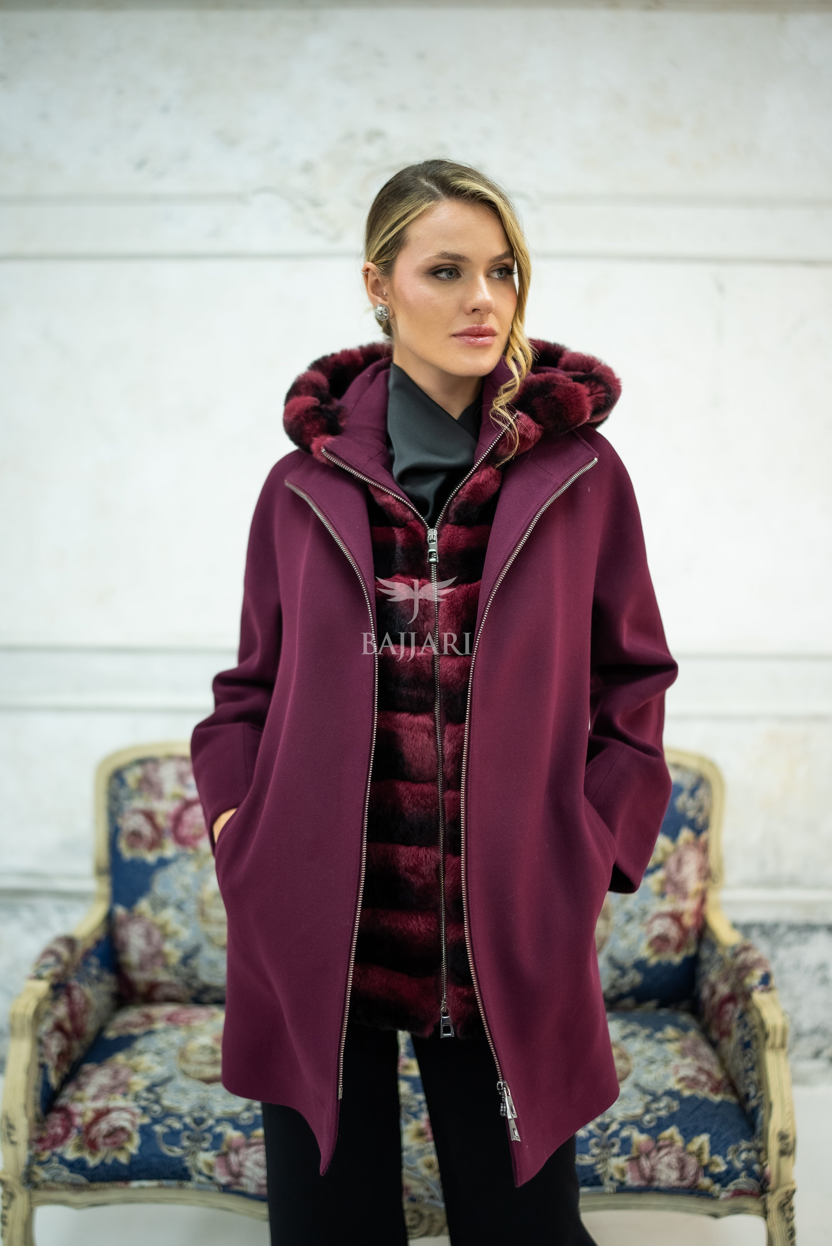 Exclusive Design Coat with Cashmere Fabric and Full Rabbit Fur Hood -1362-