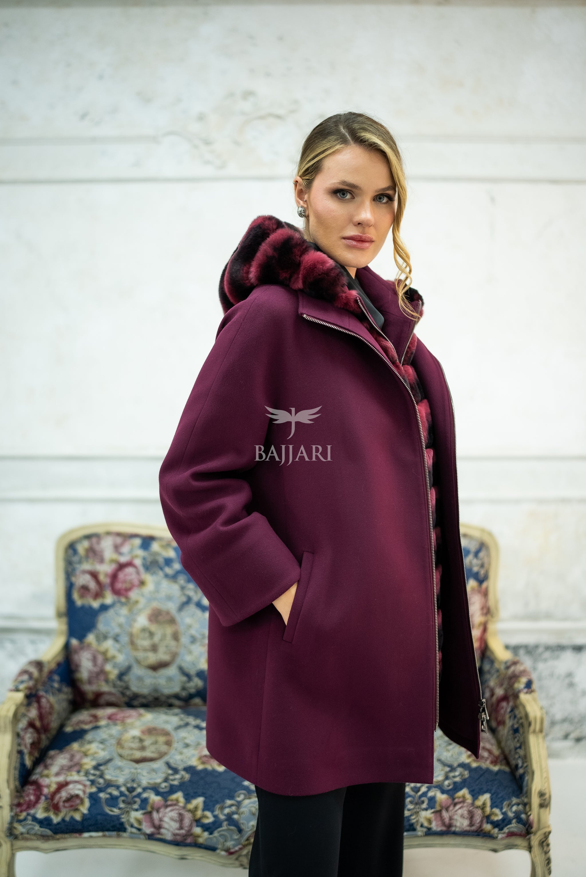 Exclusive Design Coat with Cashmere Fabric and Full Rabbit Fur Hood -1362-