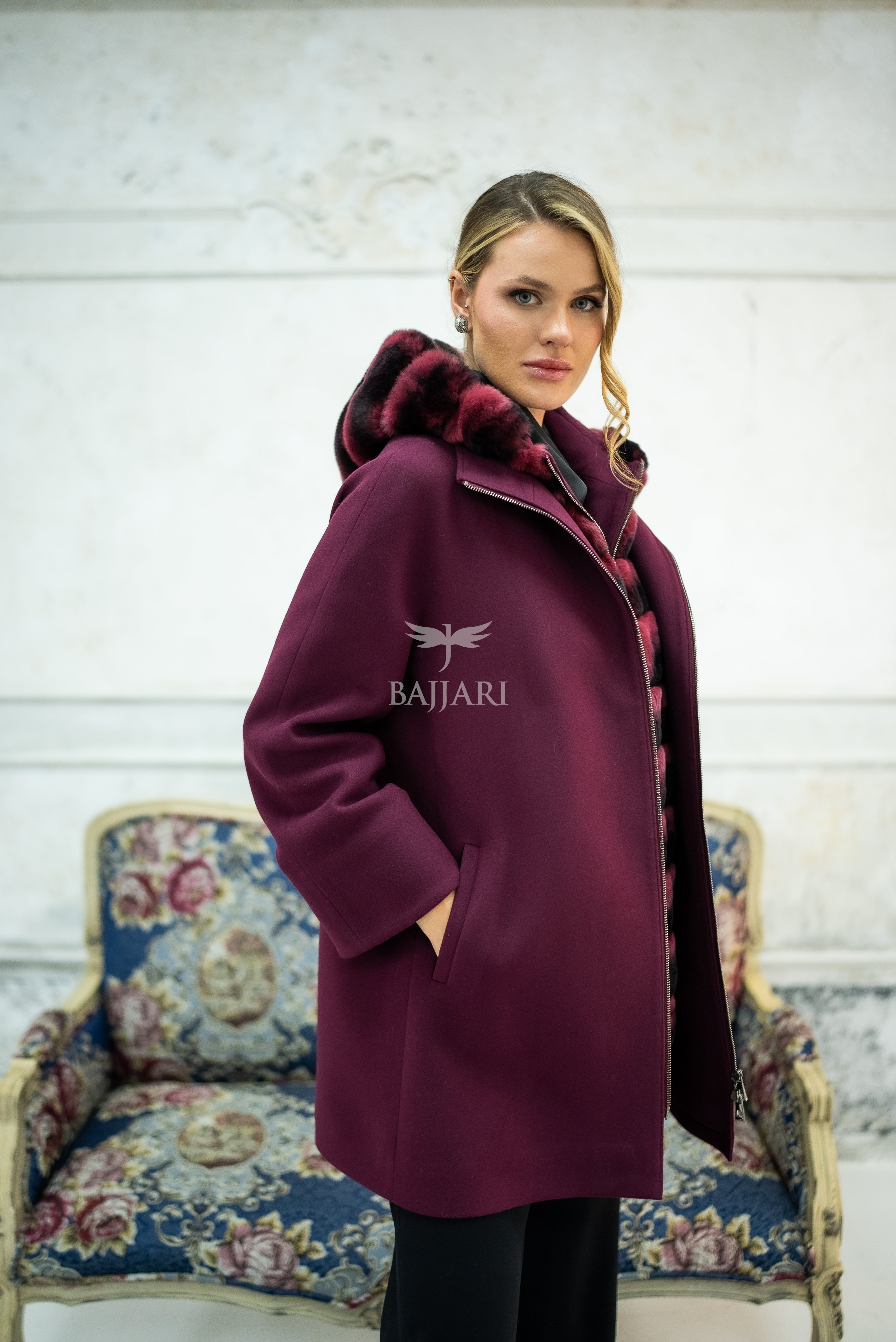 Exclusive Design Coat with Cashmere Fabric and Full Rabbit Fur Hood -1362-