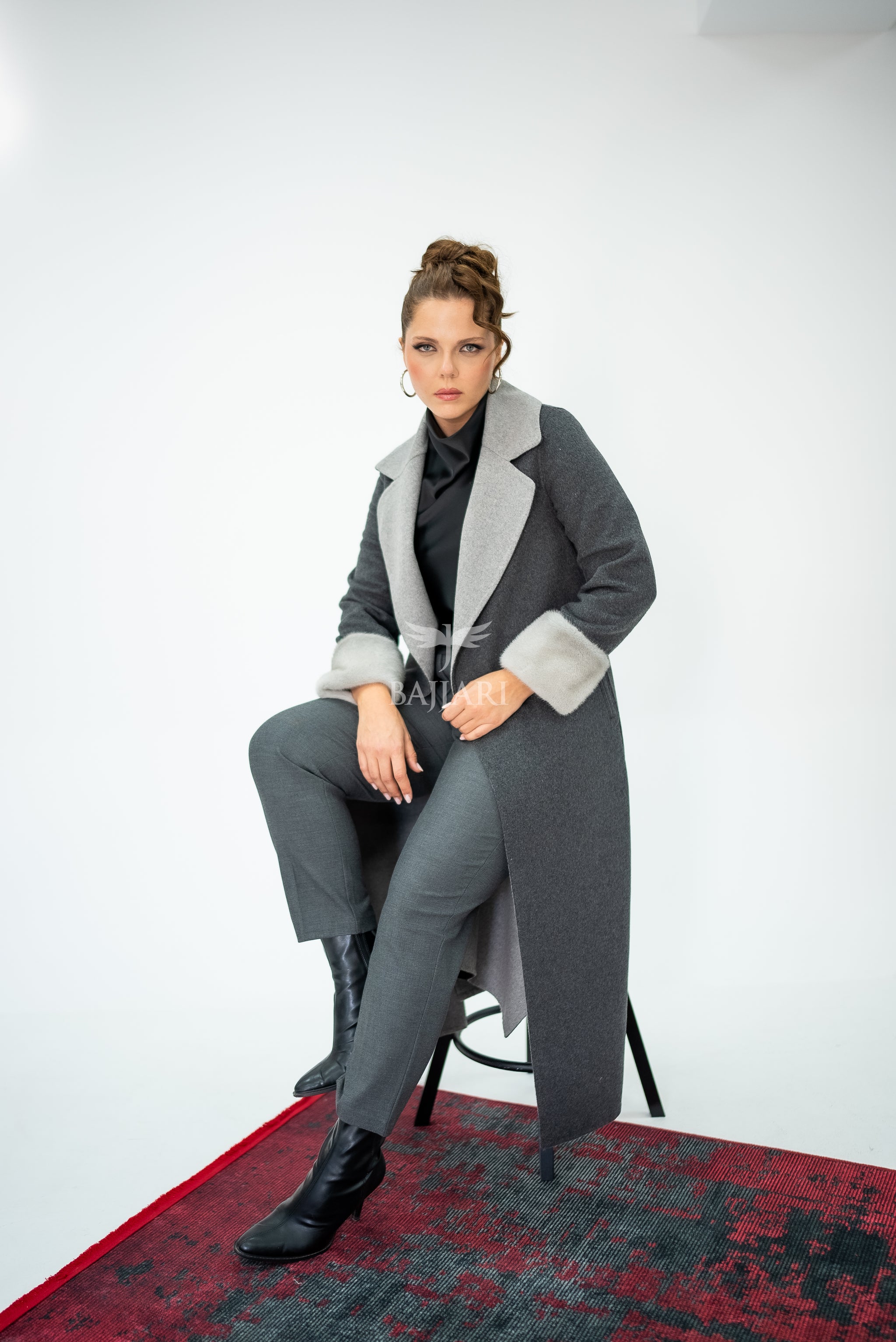 Alpaca Wool Fabric | Mink Fur Sleeves; Cuff Detail | Slit Hem Alpaca Mink -3991 A M-