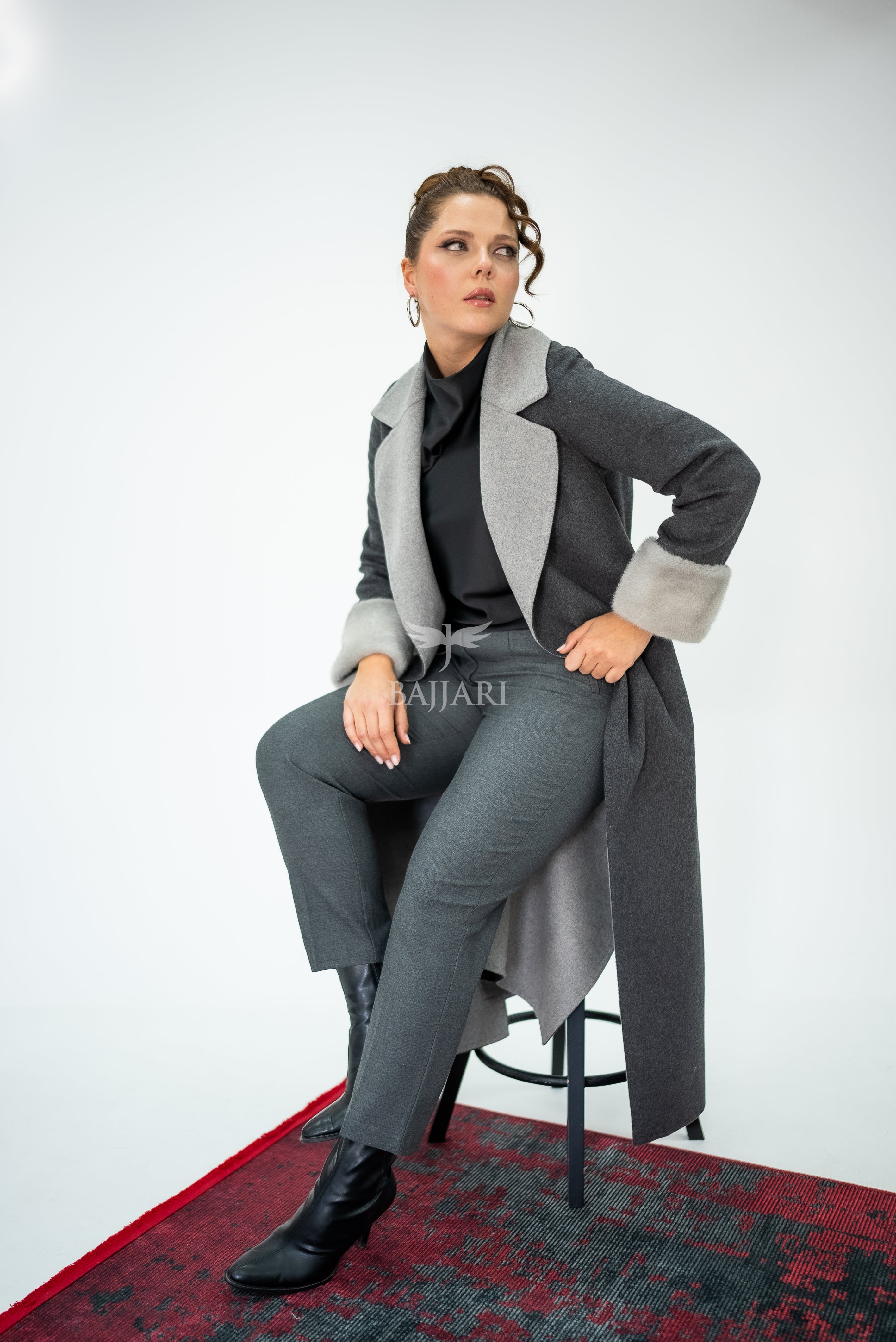 Alpaca Wool Fabric | Mink Fur Sleeves; Cuff Detail | Slit Hem Alpaca Mink -3991 A M-