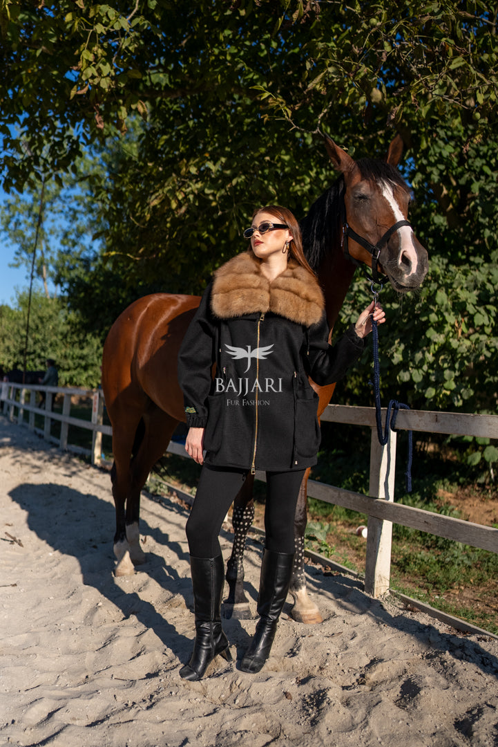 Short Jacket with Sable Fur Collar in Alpaca Wool -9441-