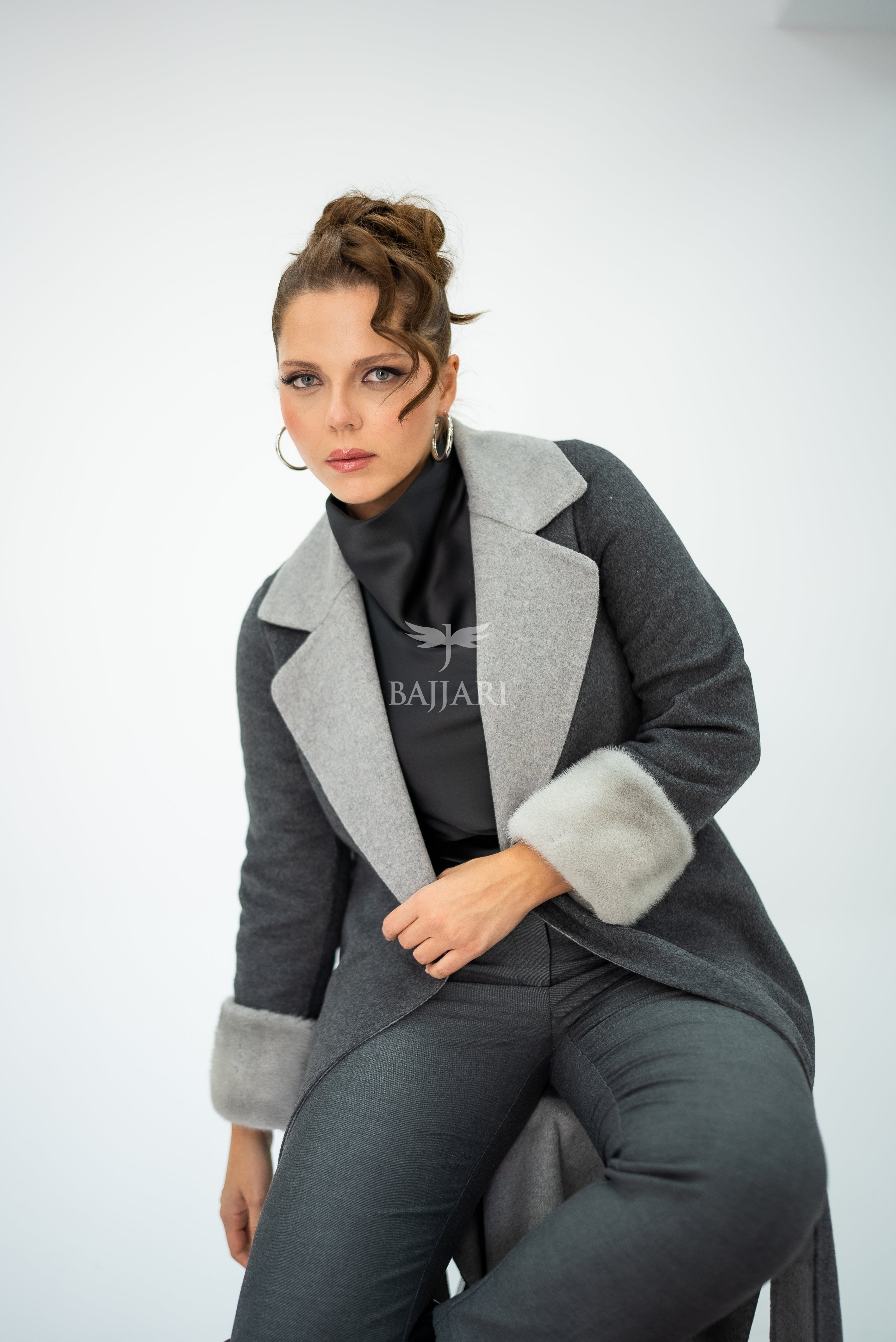 Alpaca Wool Fabric | Mink Fur Sleeves; Cuff Detail | Slit Hem Alpaca Mink -3991 A M-