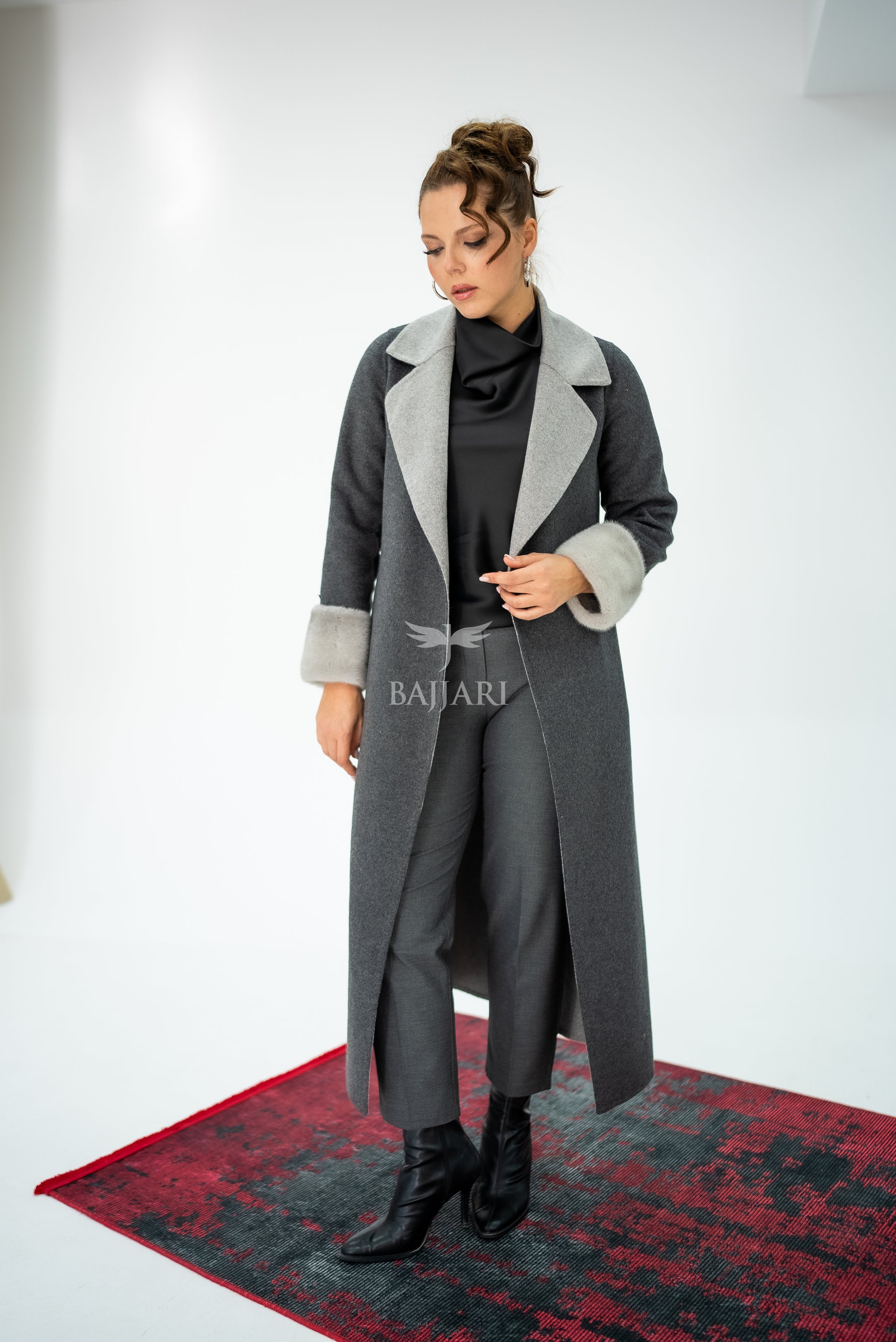 Alpaca Wool Fabric | Mink Fur Sleeves; Cuff Detail | Slit Hem Alpaca Mink -3991 A M-