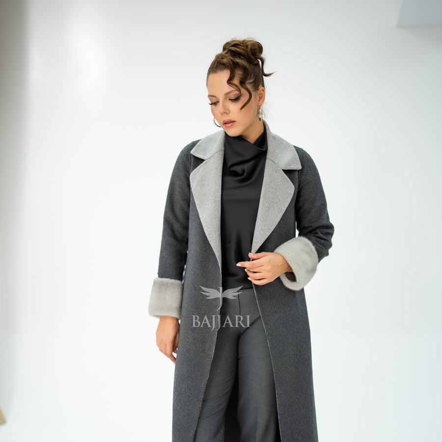 Alpaca Wool Fabric | Mink Fur Sleeves; Cuff Detail | Slit Hem Alpaca Mink -3991 A M-
