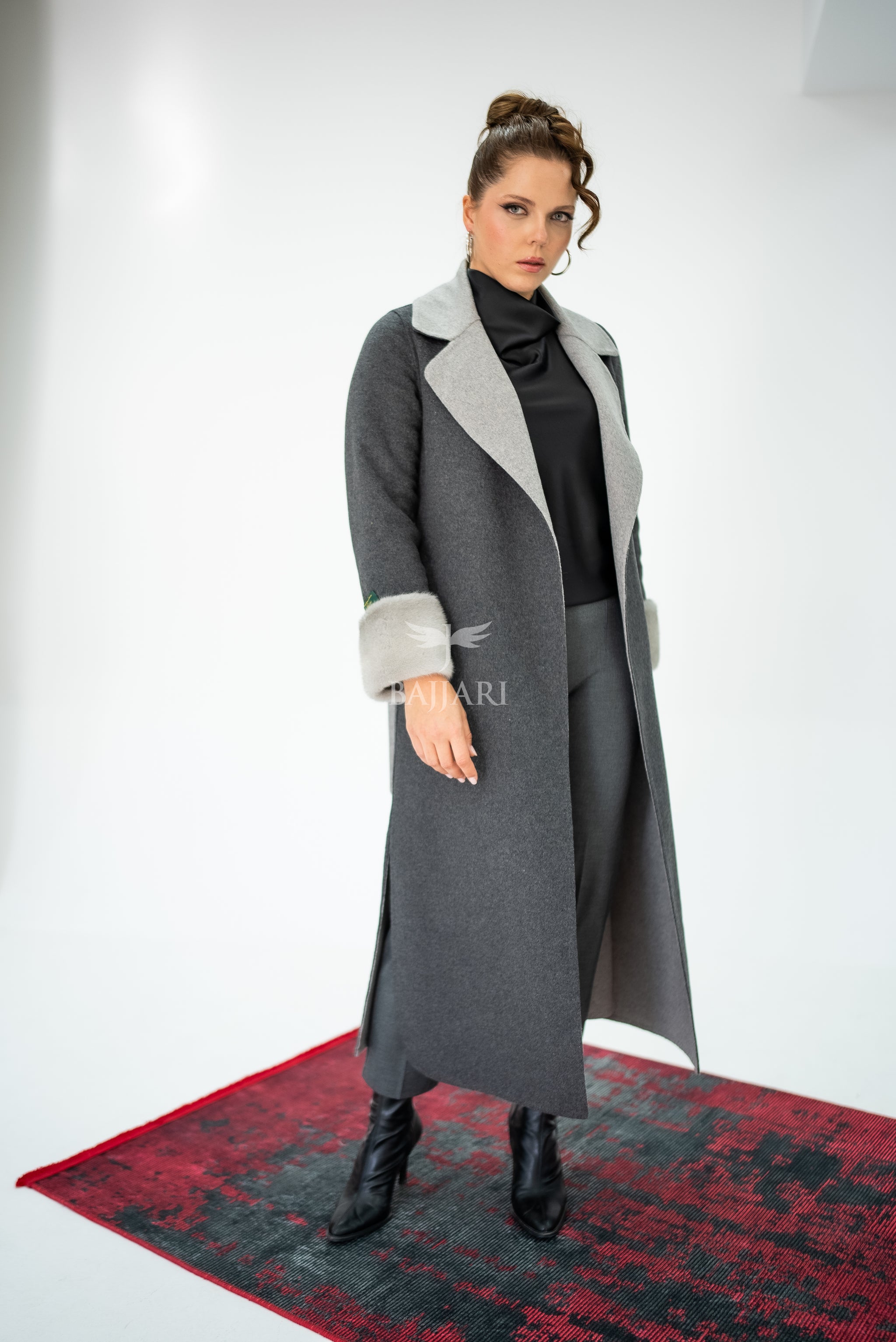 Alpaca Wool Fabric | Mink Fur Sleeves; Cuff Detail | Slit Hem Alpaca Mink -3991 A M-