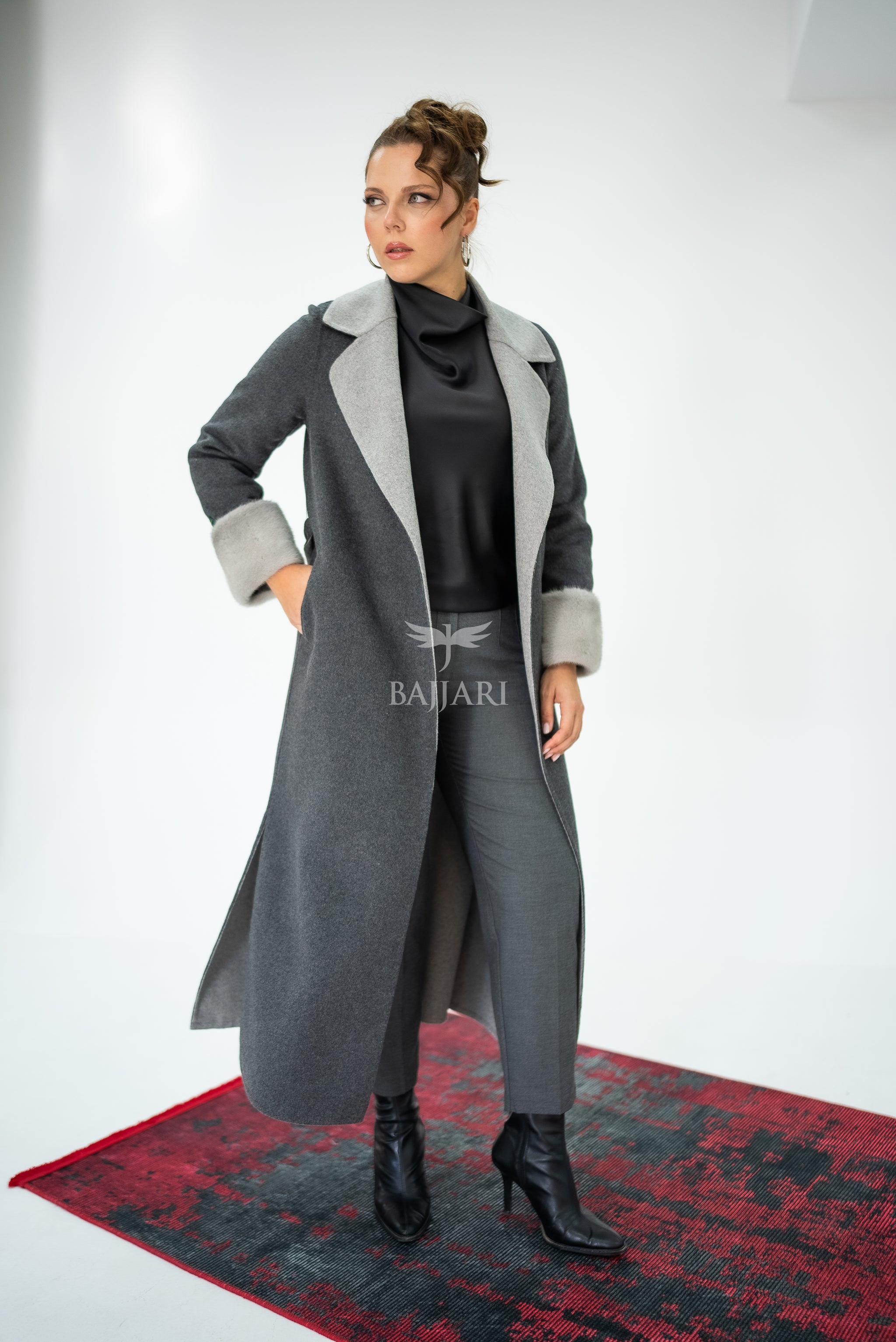 Alpaca Wool Fabric | Mink Fur Sleeves; Cuff Detail | Slit Hem Alpaca Mink -3991 A M-