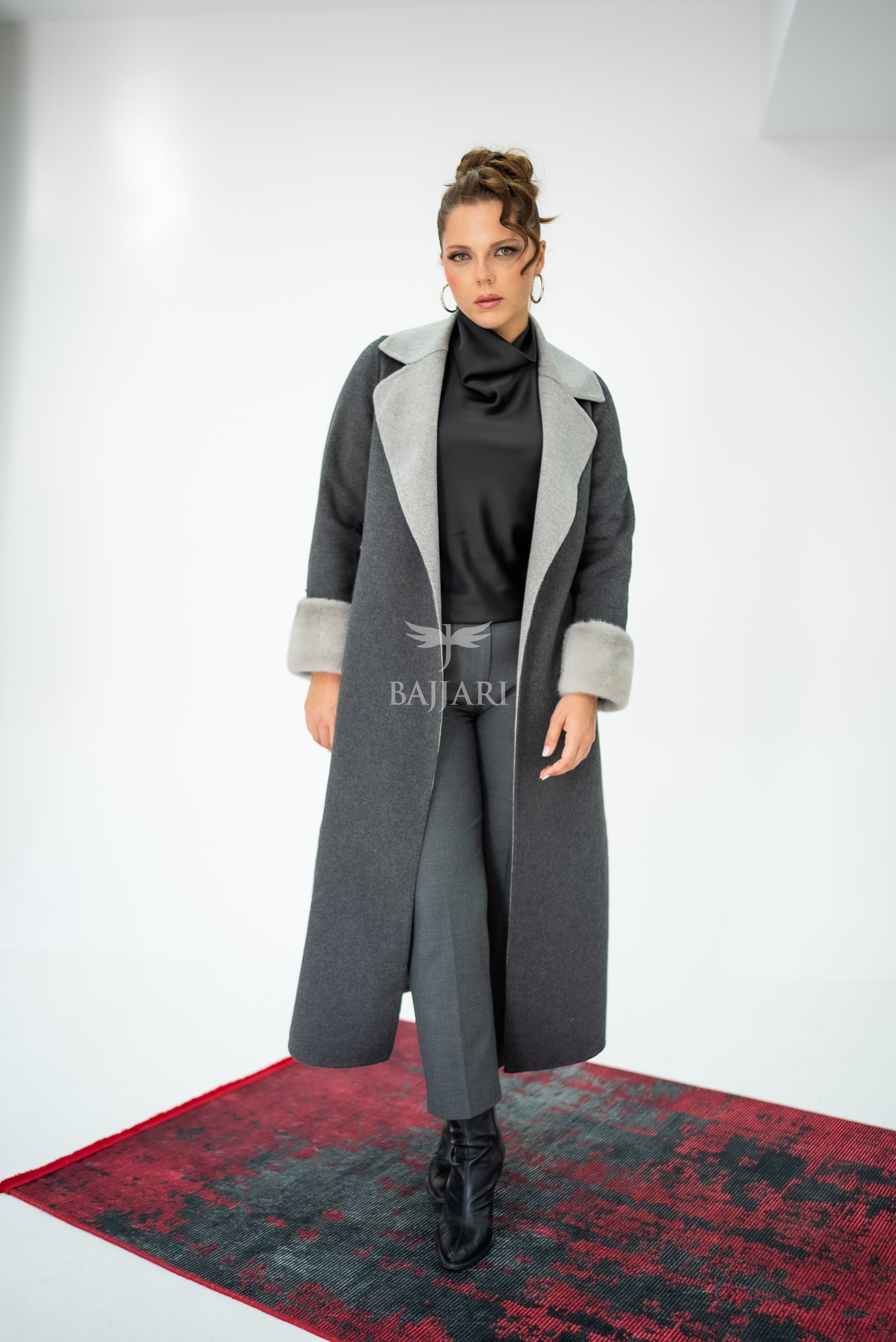 Alpaca Wool Fabric | Mink Fur Sleeves; Cuff Detail | Slit Hem Alpaca Mink -3991 A M-