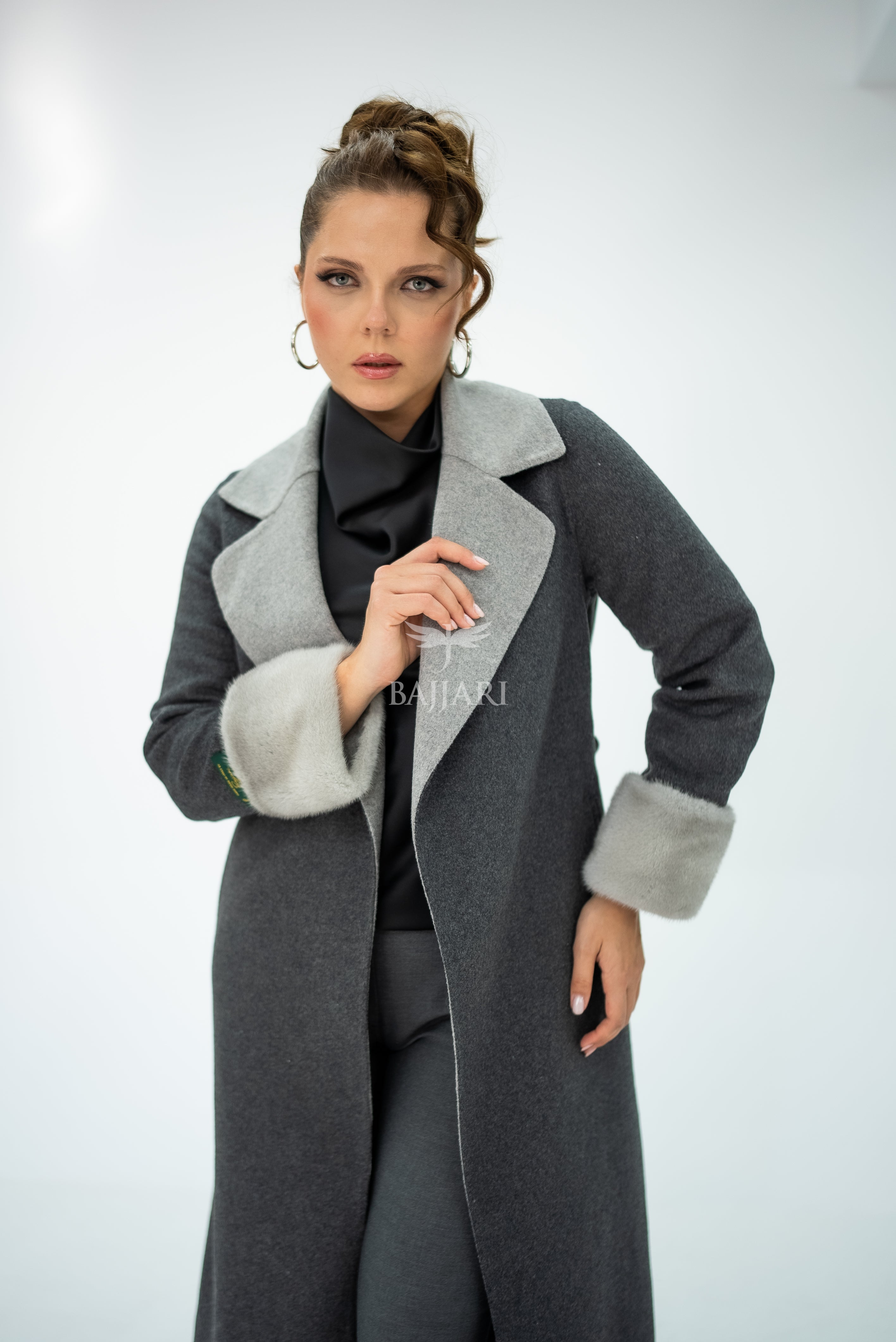 Alpaca Wool Fabric | Mink Fur Sleeves; Cuff Detail | Slit Hem Alpaca Mink -3991 A M-