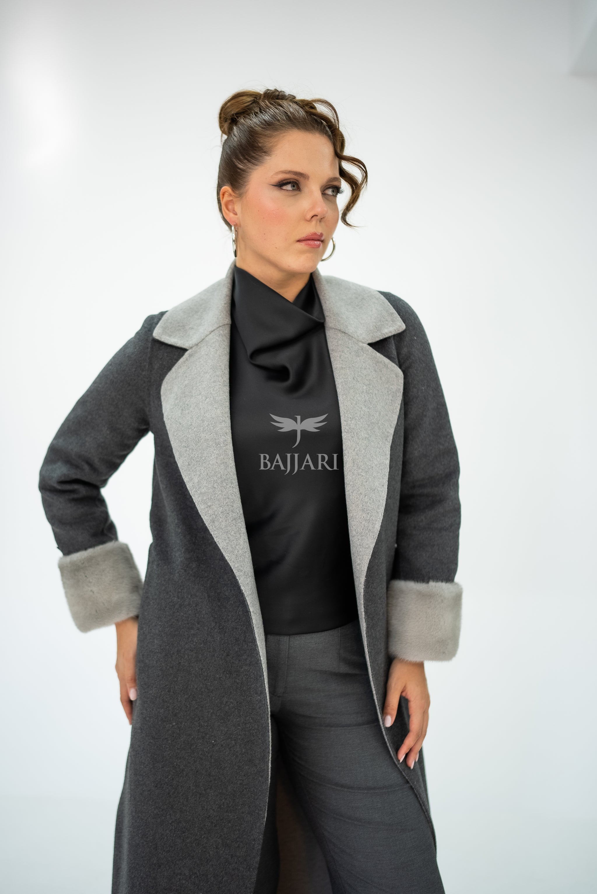 Alpaca Wool Fabric | Mink Fur Sleeves; Cuff Detail | Slit Hem Alpaca Mink -3991 A M-