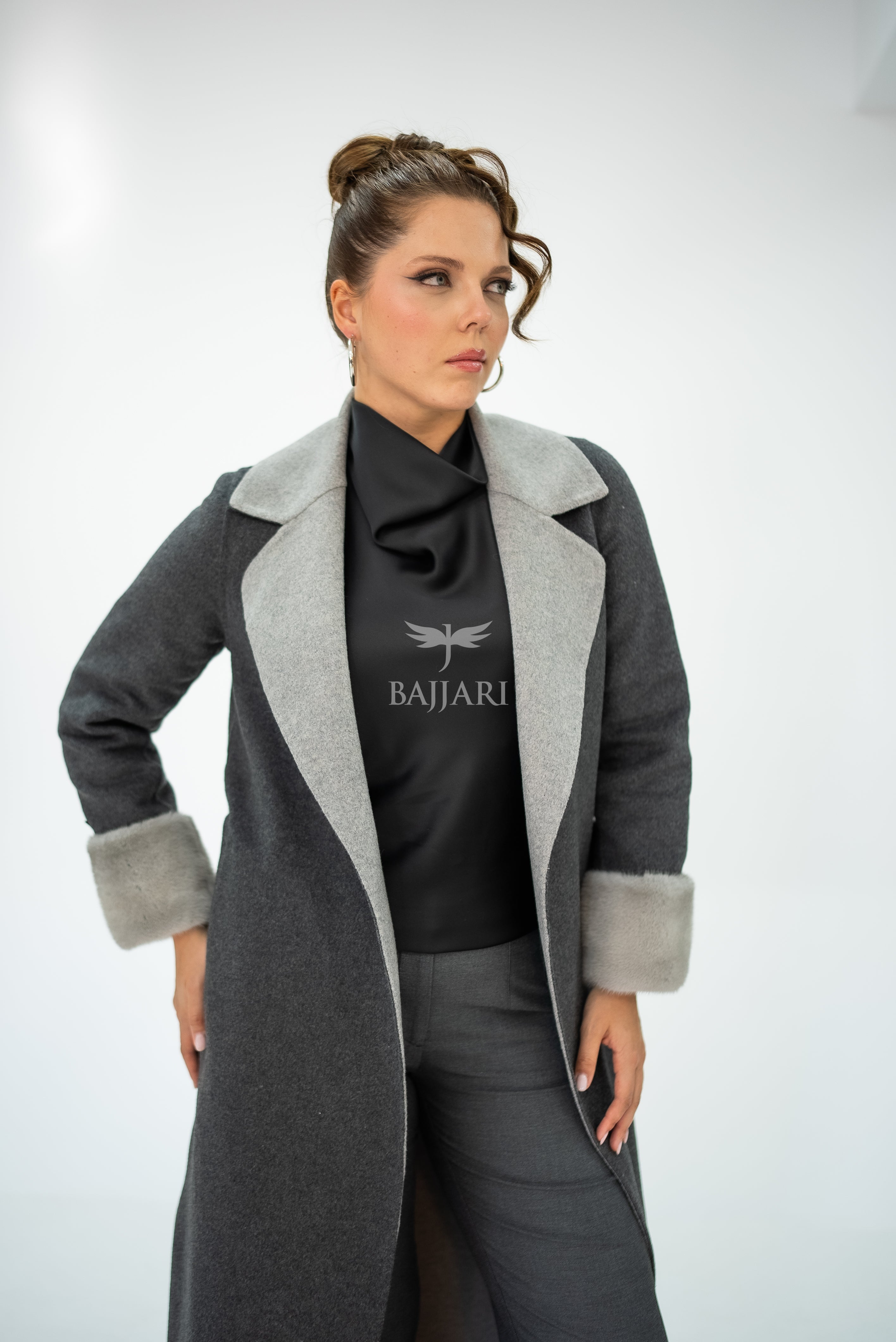 Alpaca Wool Fabric | Mink Fur Sleeves; Cuff Detail | Slit Hem Alpaca Mink -3991 A M-