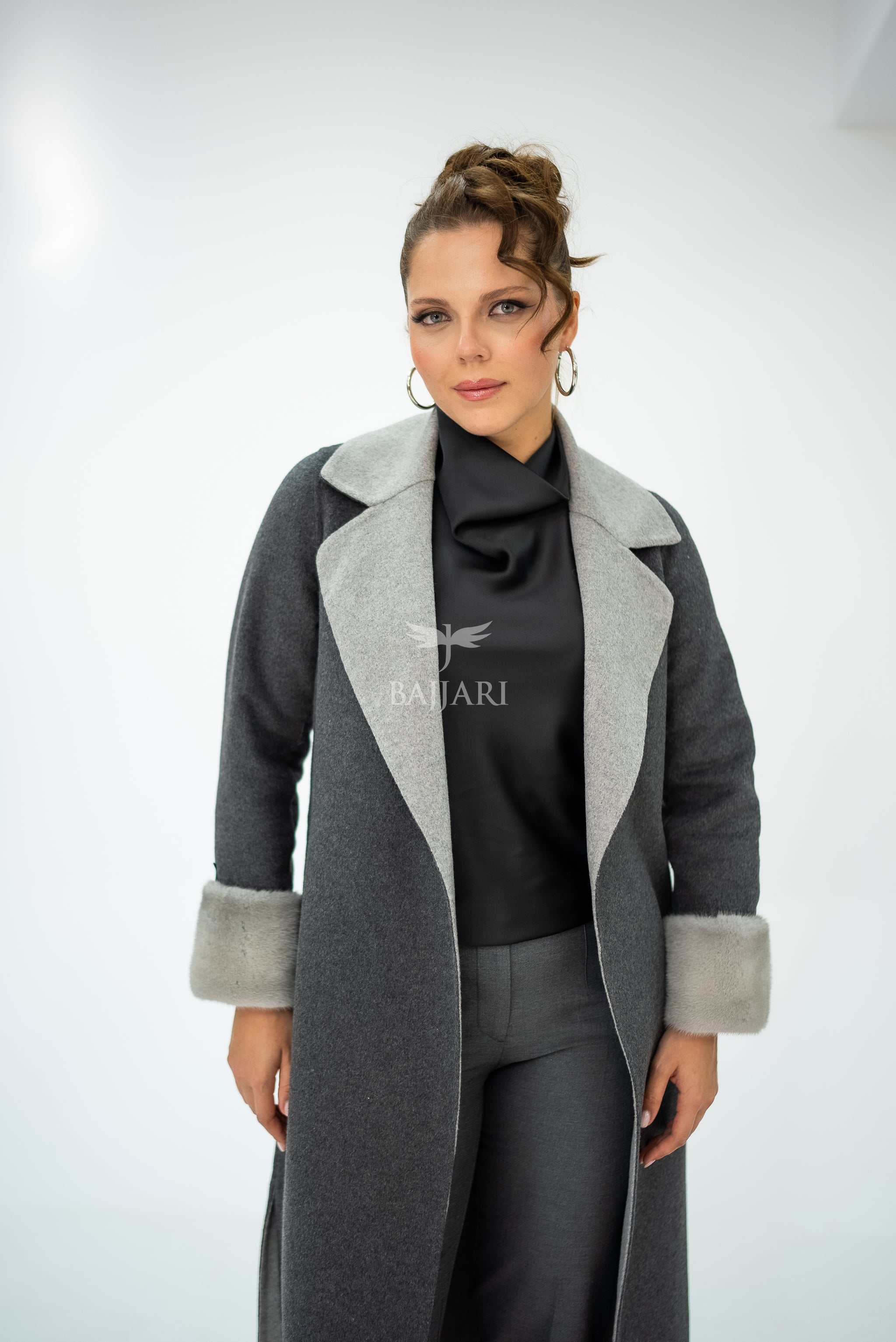 Alpaca Wool Fabric | Mink Fur Sleeves; Cuff Detail | Slit Hem Alpaca Mink -3991 A M-