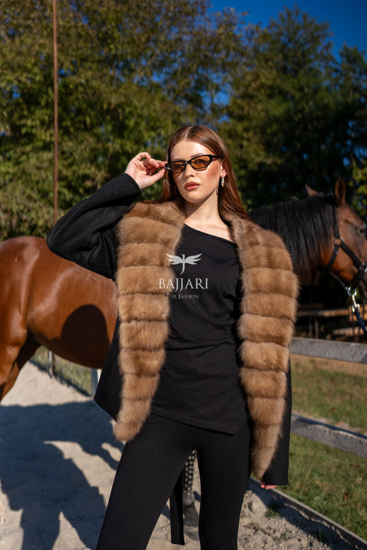 Short Jacket with Sable Fur Details in Alpaca Wool -9428-