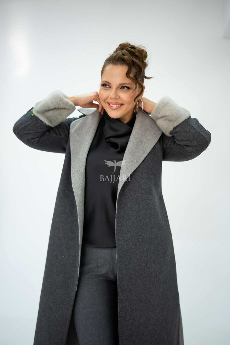 Alpaca Wool Fabric | Mink Fur Sleeves; Cuff Detail | Slit Hem Alpaca Mink -3991 A M-
