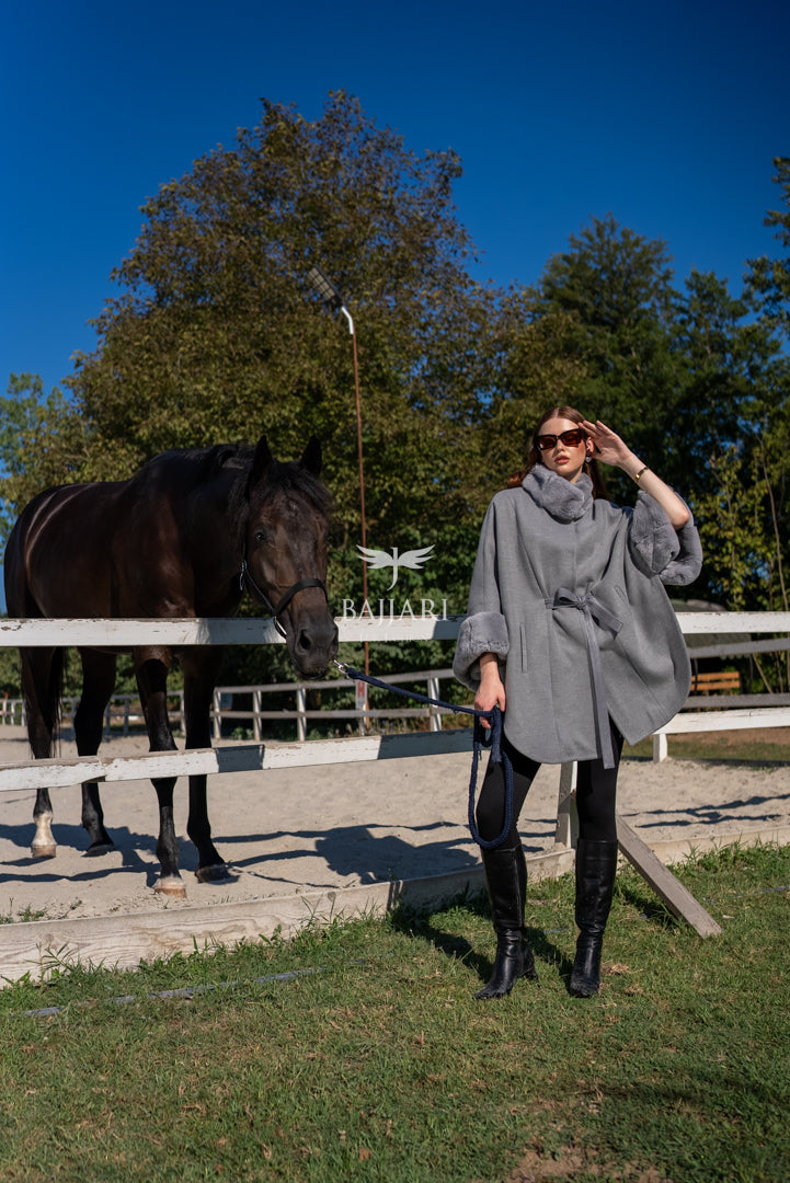 Elegant Cashmere Cape with Rabbit Fur Collar &amp; Cuffs -1337-