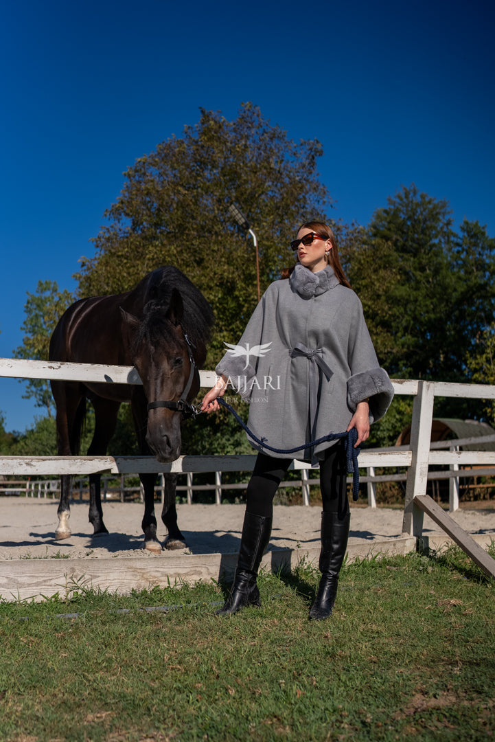 Elegant Cashmere Cape with Rabbit Fur Collar &amp; Cuffs -1337-